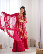 Rani Pink Floral Printed Anarkali Kurta with Sharara and Organza Dupatta Set