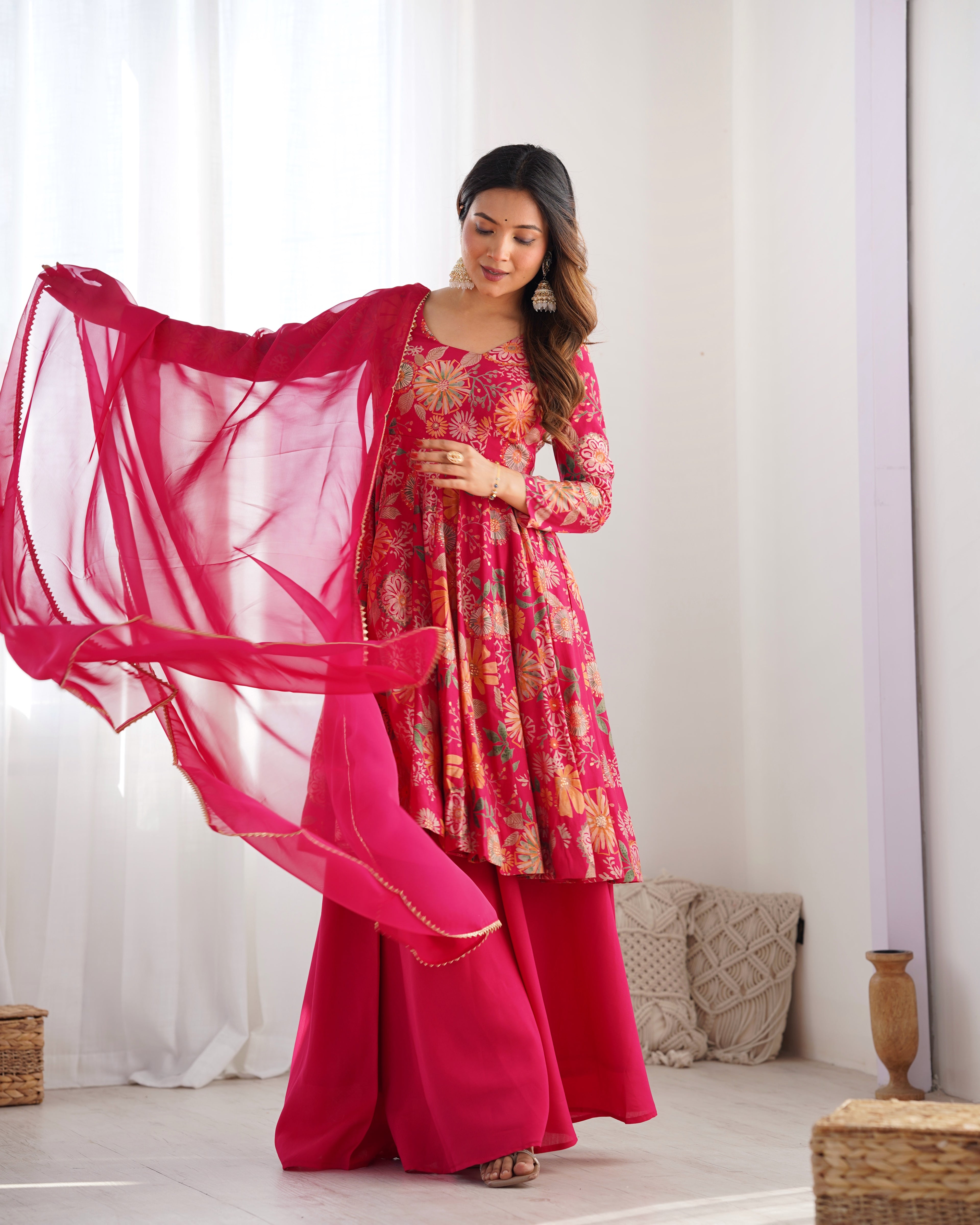 Rani Pink Floral Printed Anarkali Kurta with Sharara and Organza Dupatta Set