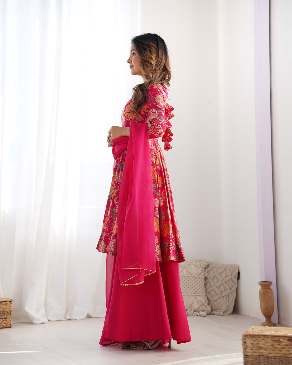 Rani Pink Floral Printed Anarkali Kurta with Sharara and Organza Dupatta Set
