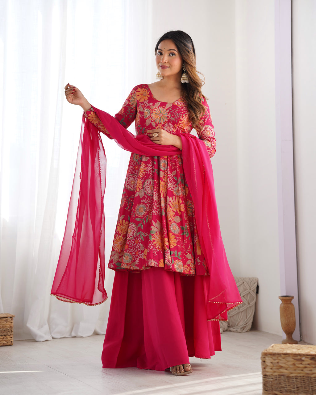 Rani Pink Floral Printed Anarkali Kurta with Sharara and Organza Dupatta Set