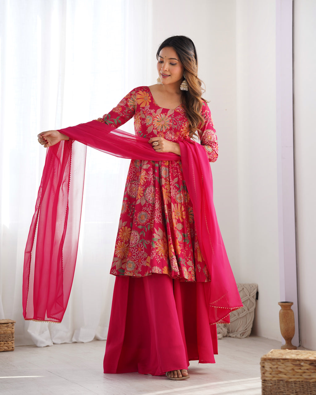 Rani Pink Floral Printed Anarkali Kurta with Sharara and Organza Dupatta Set