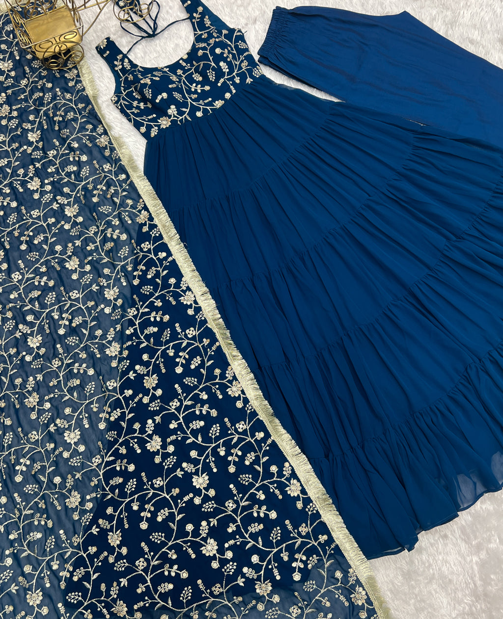 Navy Blue Embroidered Anarkali Kurta set with Tiered Skirt and Matching Dupatta
