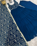 Navy Blue Embroidered Anarkali Kurta set with Tiered Skirt and Matching Dupatta