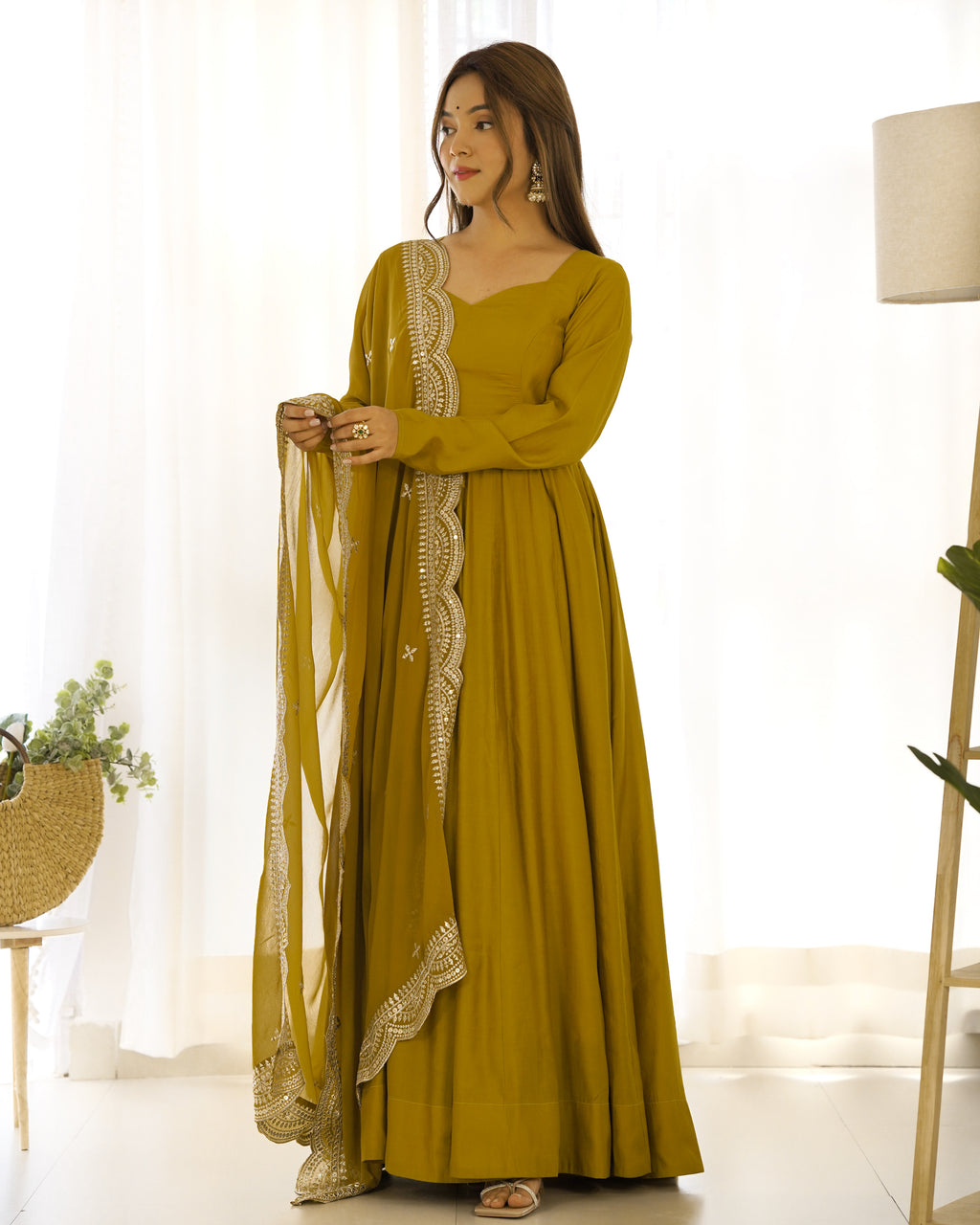 Aura Mustard Festive Wear Anarkali Gown with Heavy Embroidered Dupatta