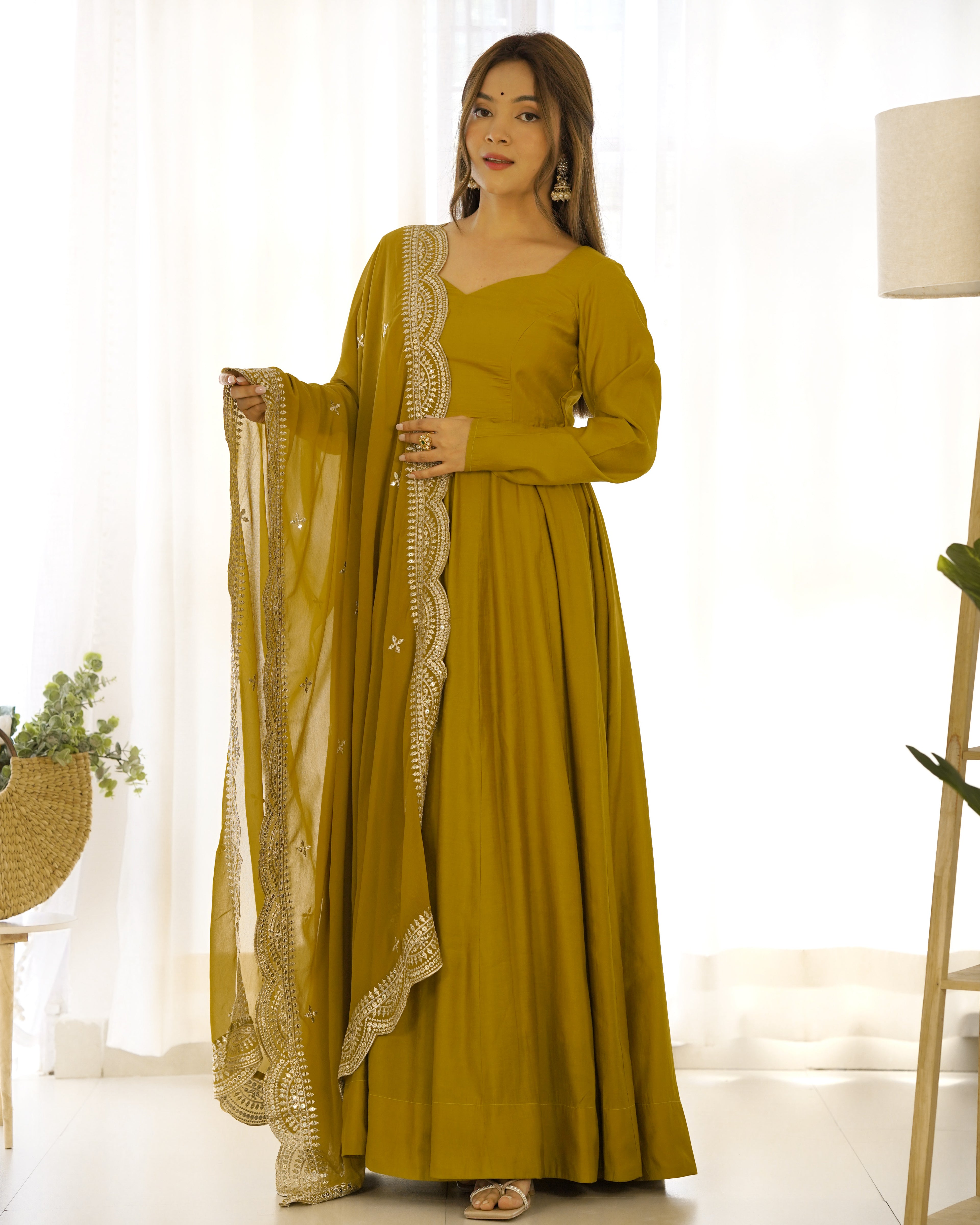 Aura Mustard Festive Wear Anarkali Gown with Heavy Embroidered Dupatta