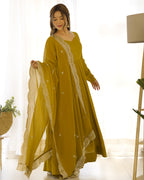 Aura Mustard Festive Wear Anarkali Gown with Heavy Embroidered Dupatta