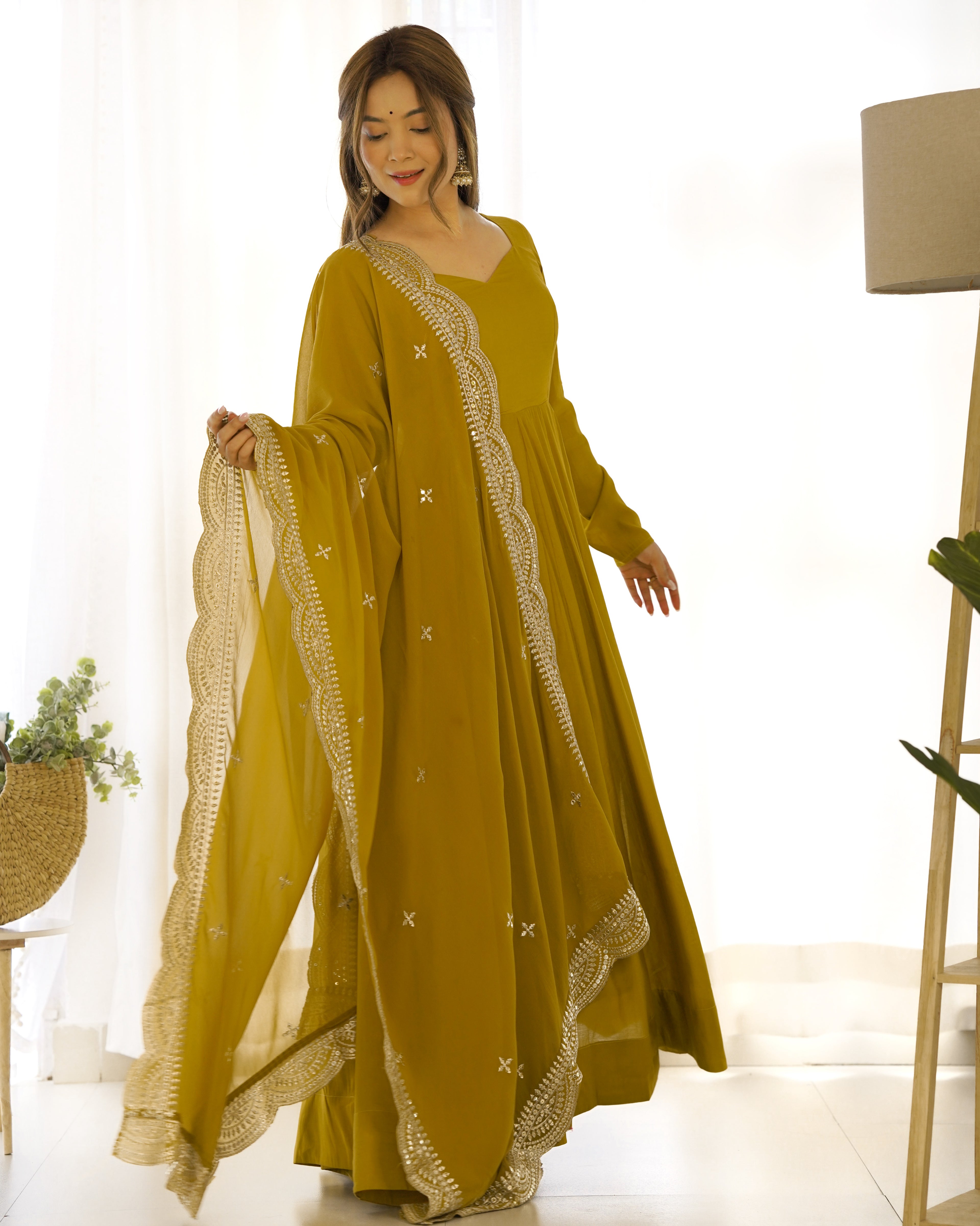 Aura Mustard Festive Wear Anarkali Gown with Heavy Embroidered Dupatta