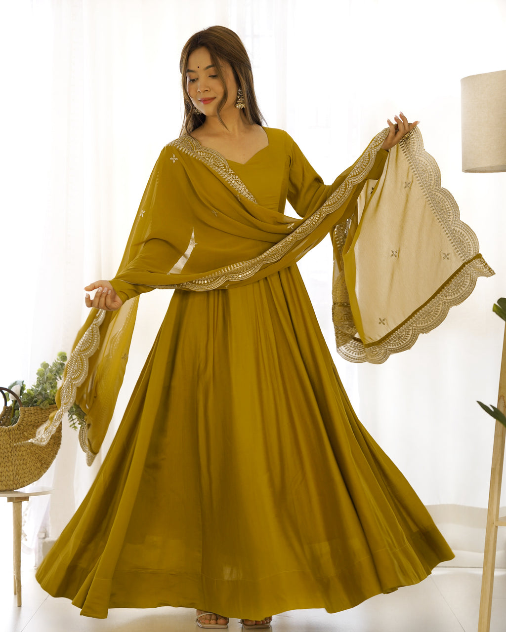 Aura Mustard Festive Wear Anarkali Gown with Heavy Embroidered Dupatta