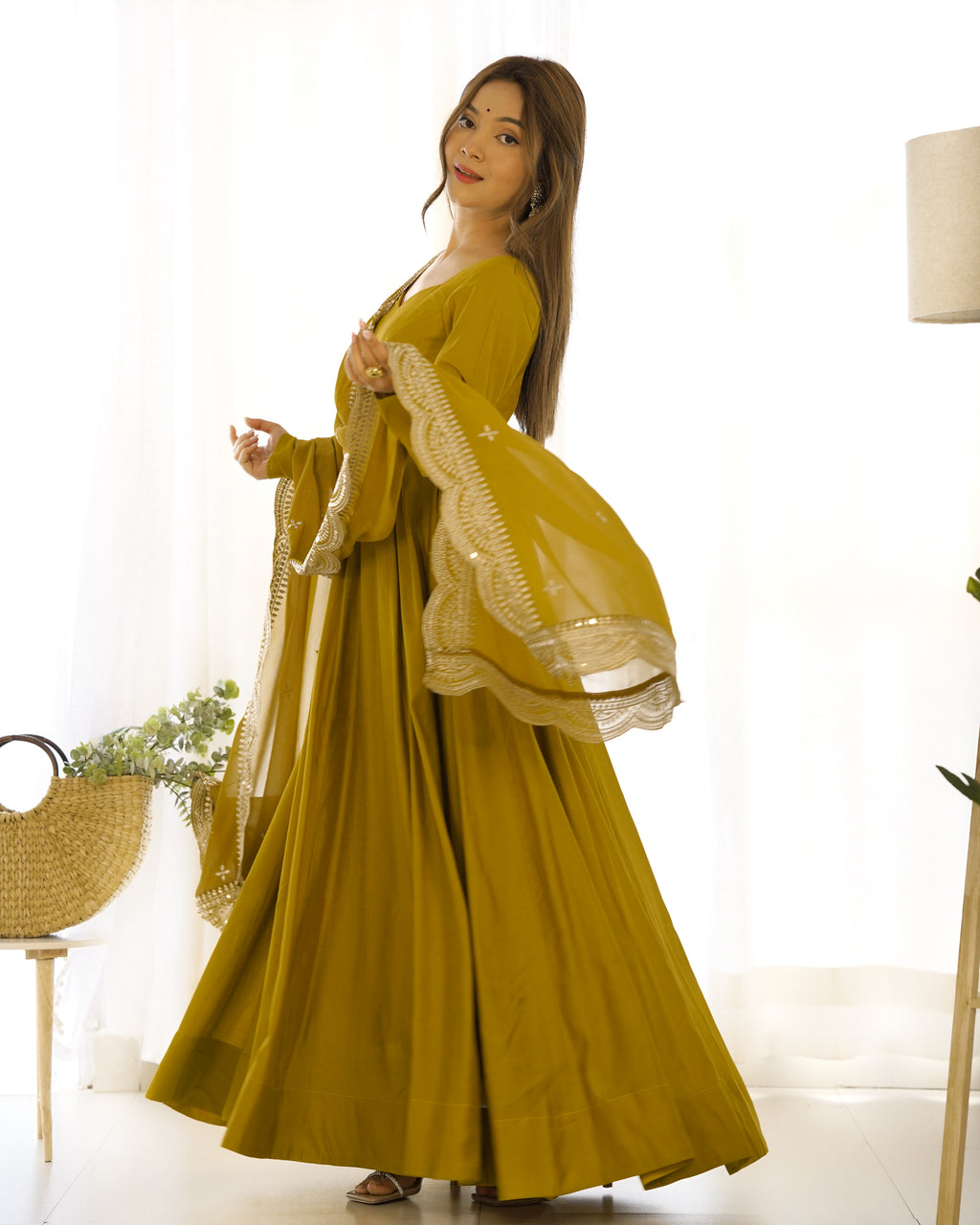Aura Mustard Festive Wear Anarkali Gown with Heavy Embroidered Dupatta