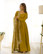 Aura Mustard Festive Wear Anarkali Gown with Heavy Embroidered Dupatta