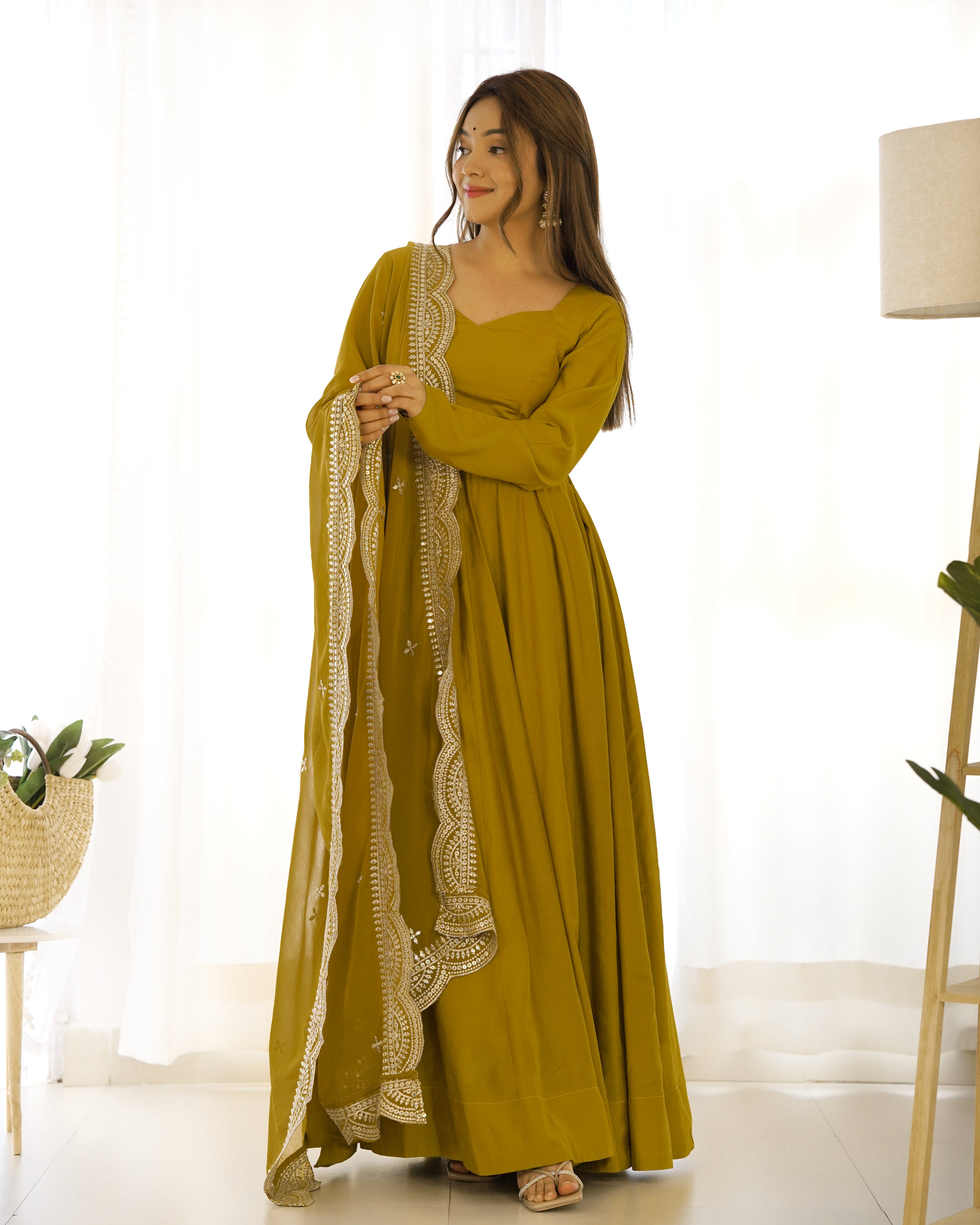 Aura Mustard Festive Wear Anarkali Gown with Heavy Embroidered Dupatta