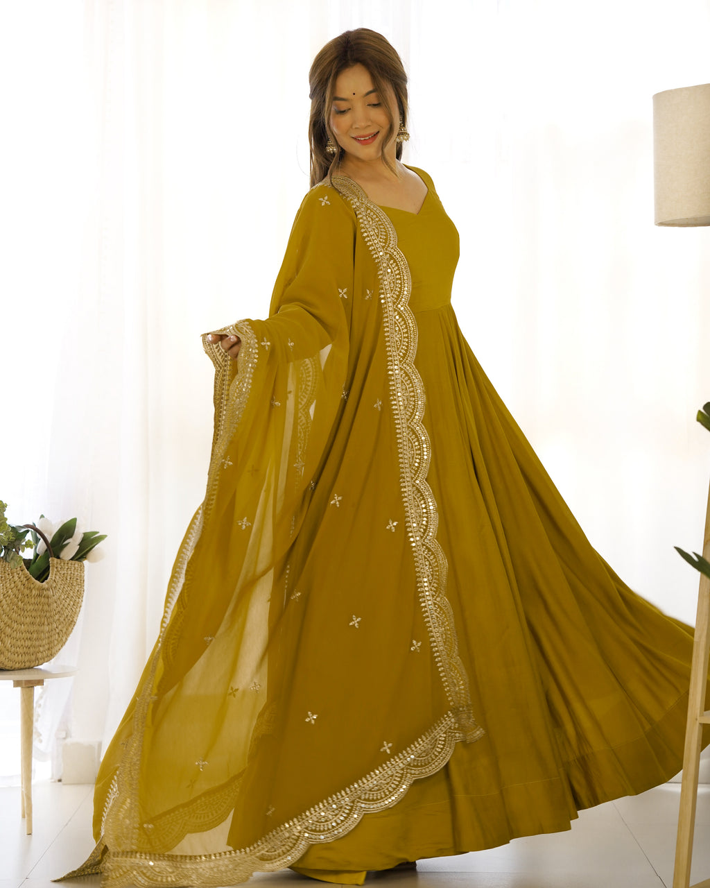 Aura Mustard Festive Wear Anarkali Gown with Heavy Embroidered Dupatta