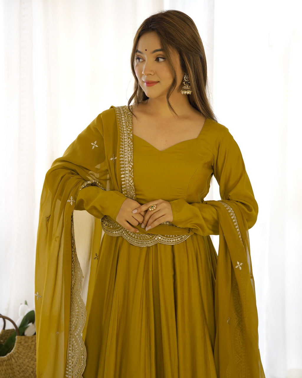 Aura Mustard Festive Wear Anarkali Gown with Heavy Embroidered Dupatta