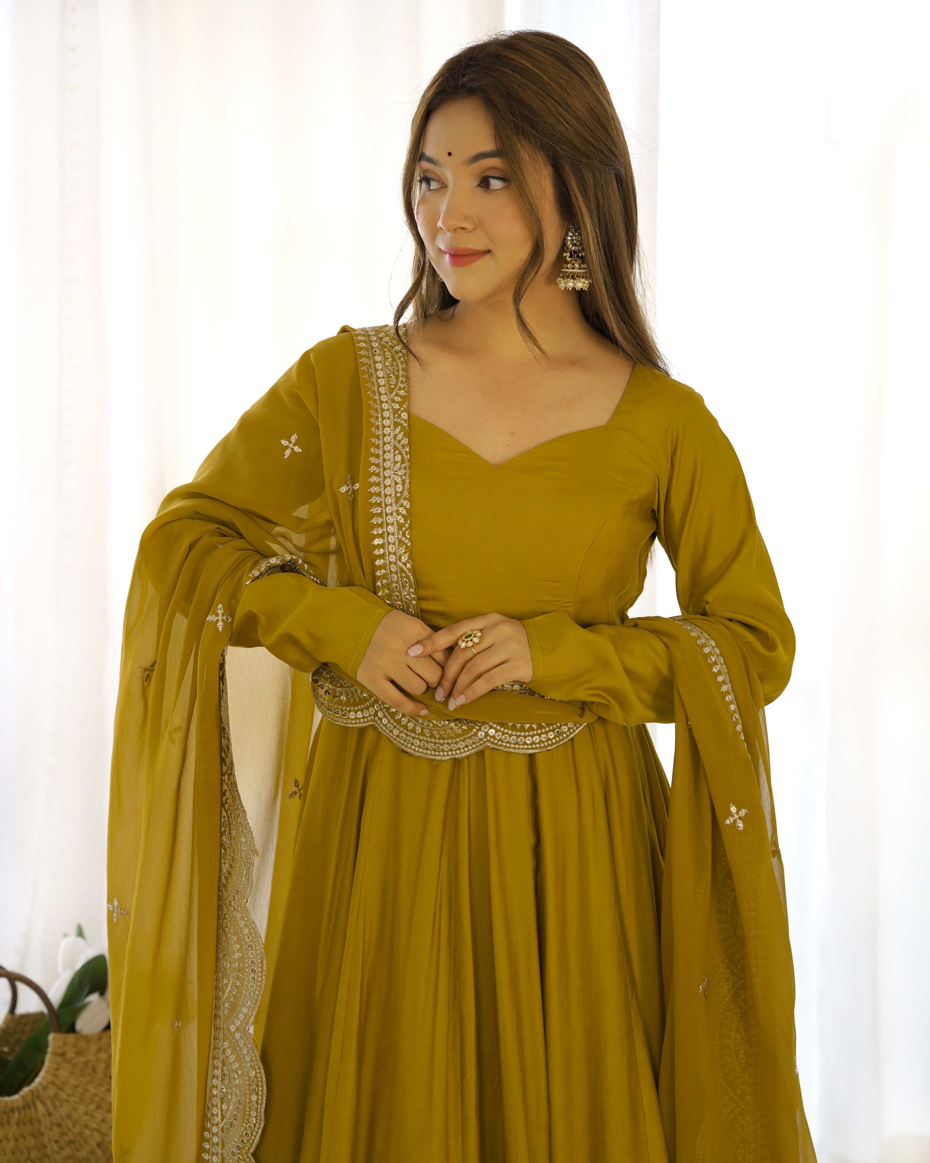 Aura Mustard Festive Wear Anarkali Gown with Heavy Embroidered Dupatta