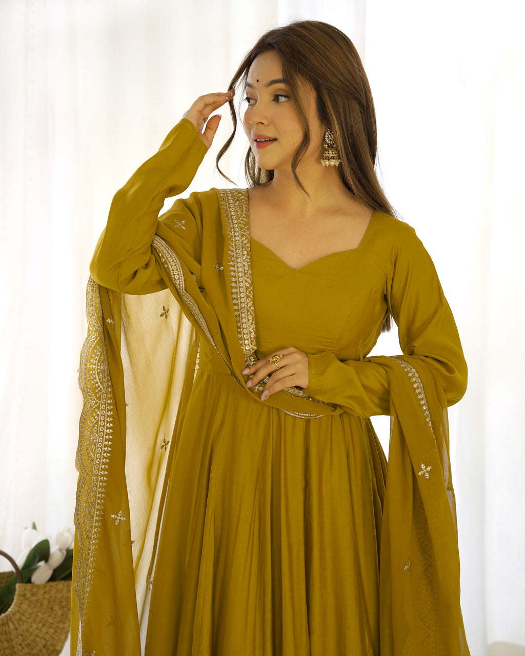 Aura Mustard Festive Wear Anarkali Gown with Heavy Embroidered Dupatta