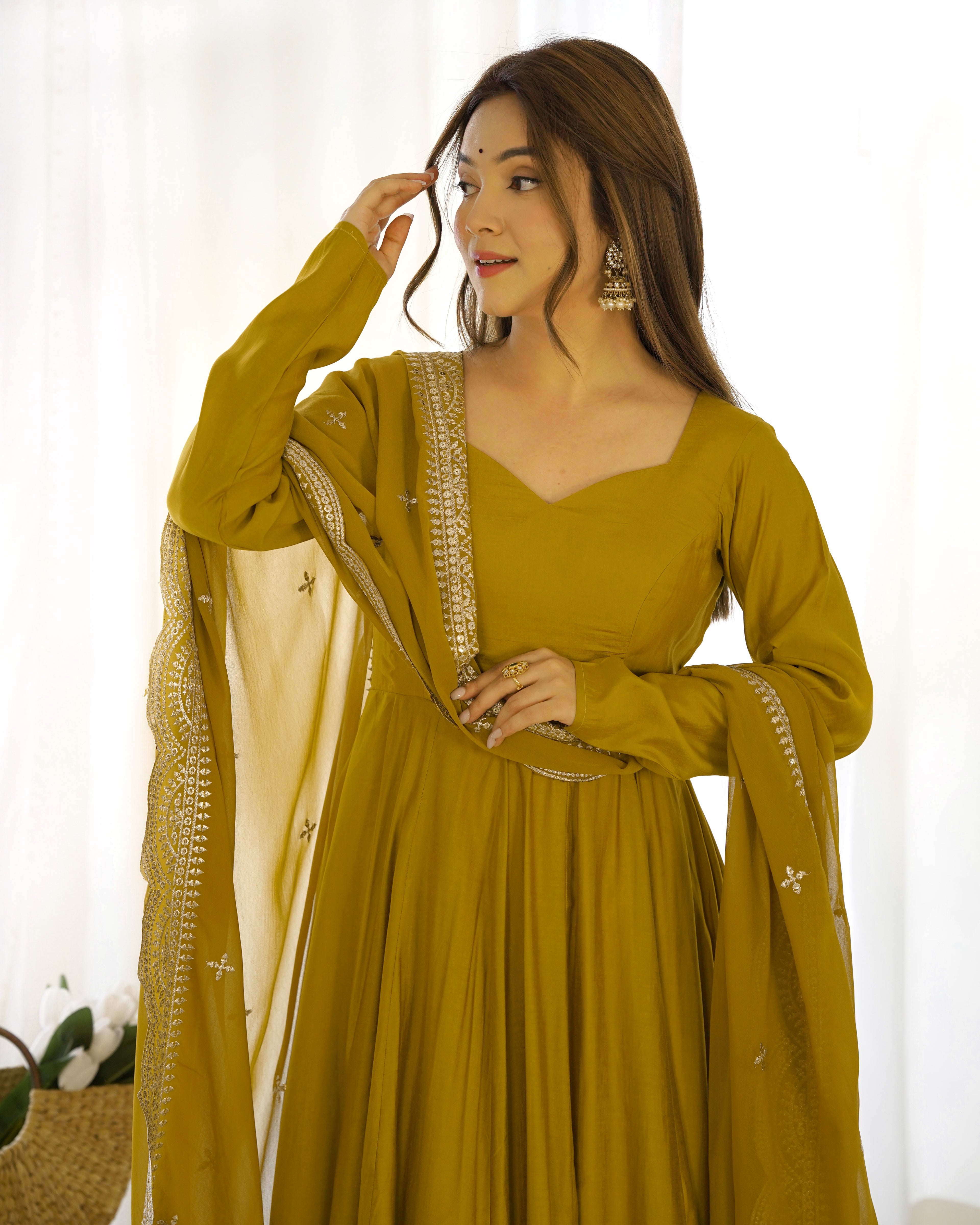 Aura Mustard Festive Wear Anarkali Gown with Heavy Embroidered Dupatta