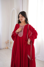 Premium Royal Red Vichitra Silk Anarkali Gown Set with Embroidered Dupatta