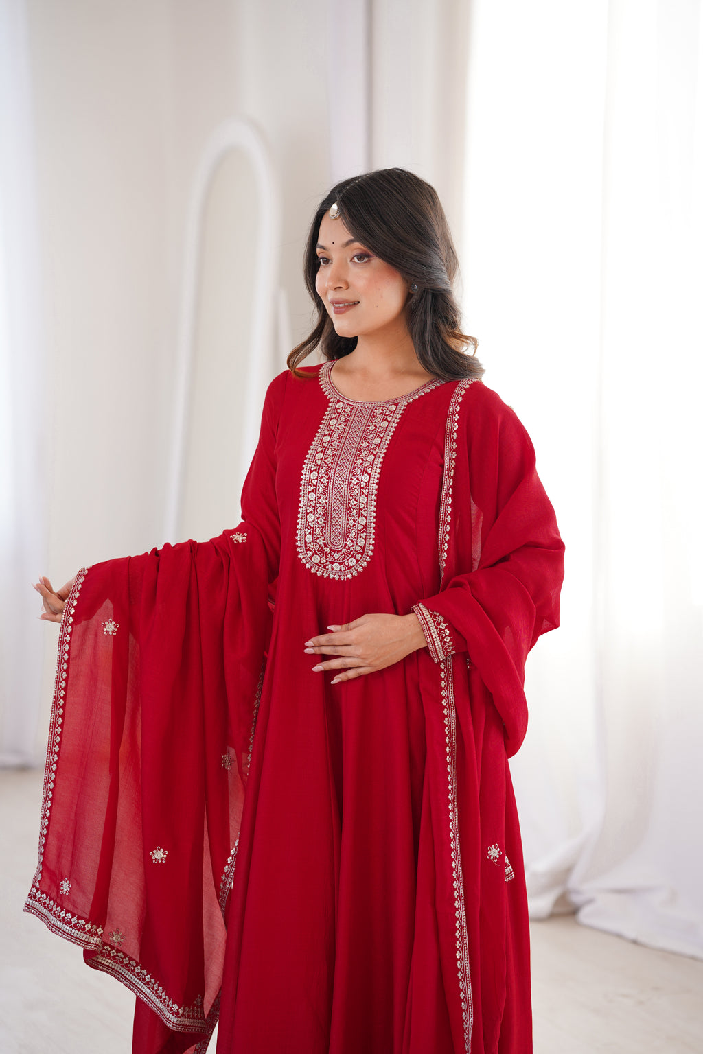 Premium Royal Red Vichitra Silk Anarkali Gown Set with Embroidered Dupatta