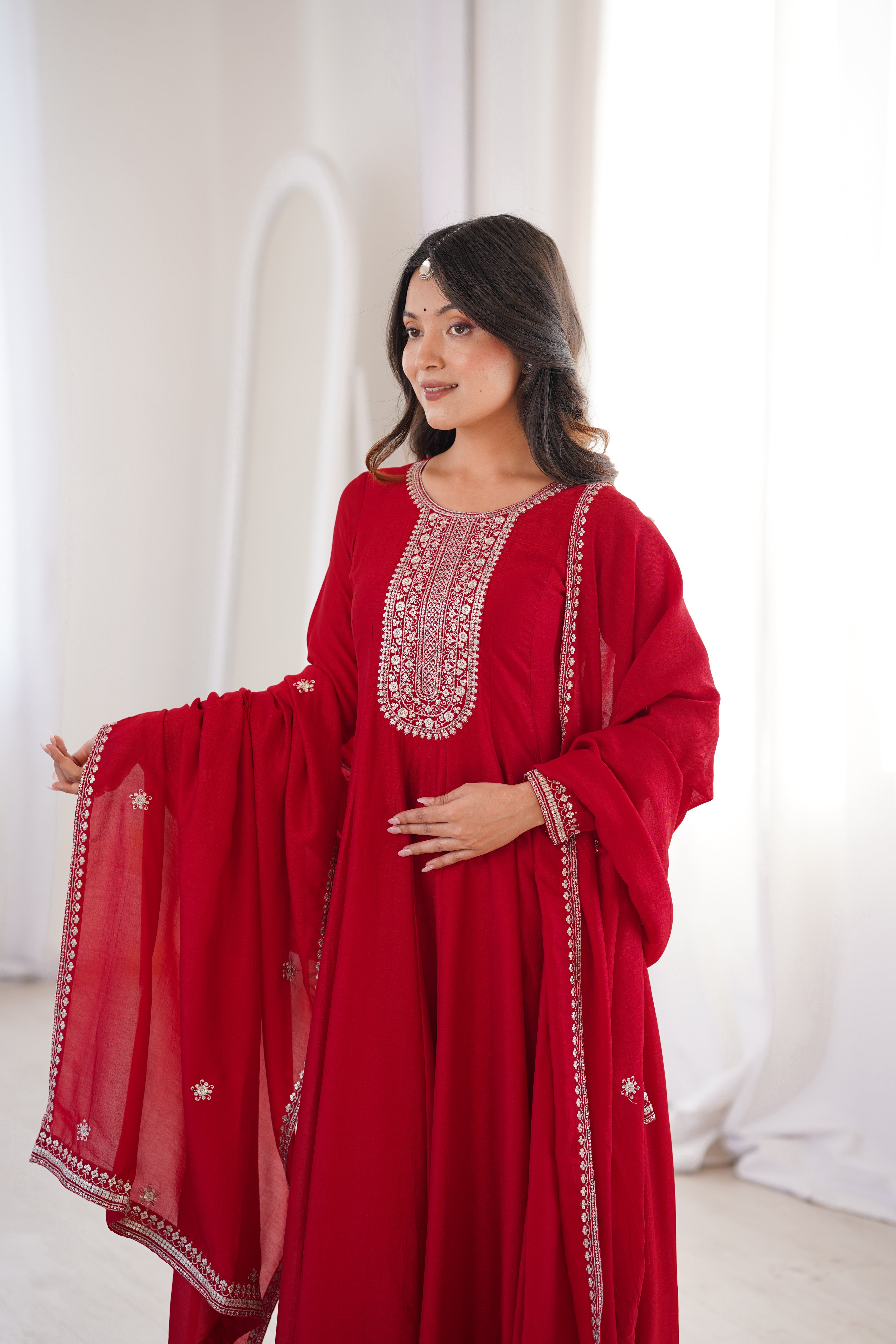 Premium Royal Red Vichitra Silk Anarkali Gown Set with Embroidered Dupatta