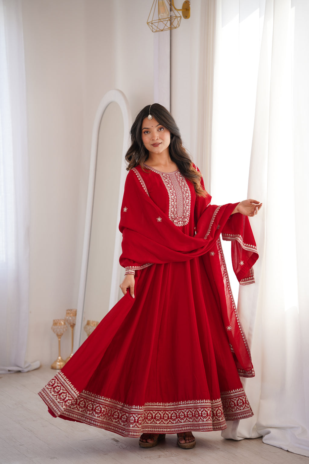 Premium Royal Red Vichitra Silk Anarkali Gown Set with Embroidered Dupatta