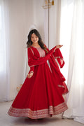 Premium Royal Red Vichitra Silk Anarkali Gown Set with Embroidered Dupatta