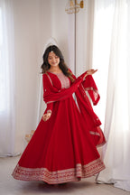 Premium Royal Red Vichitra Silk Anarkali Gown Set with Embroidered Dupatta