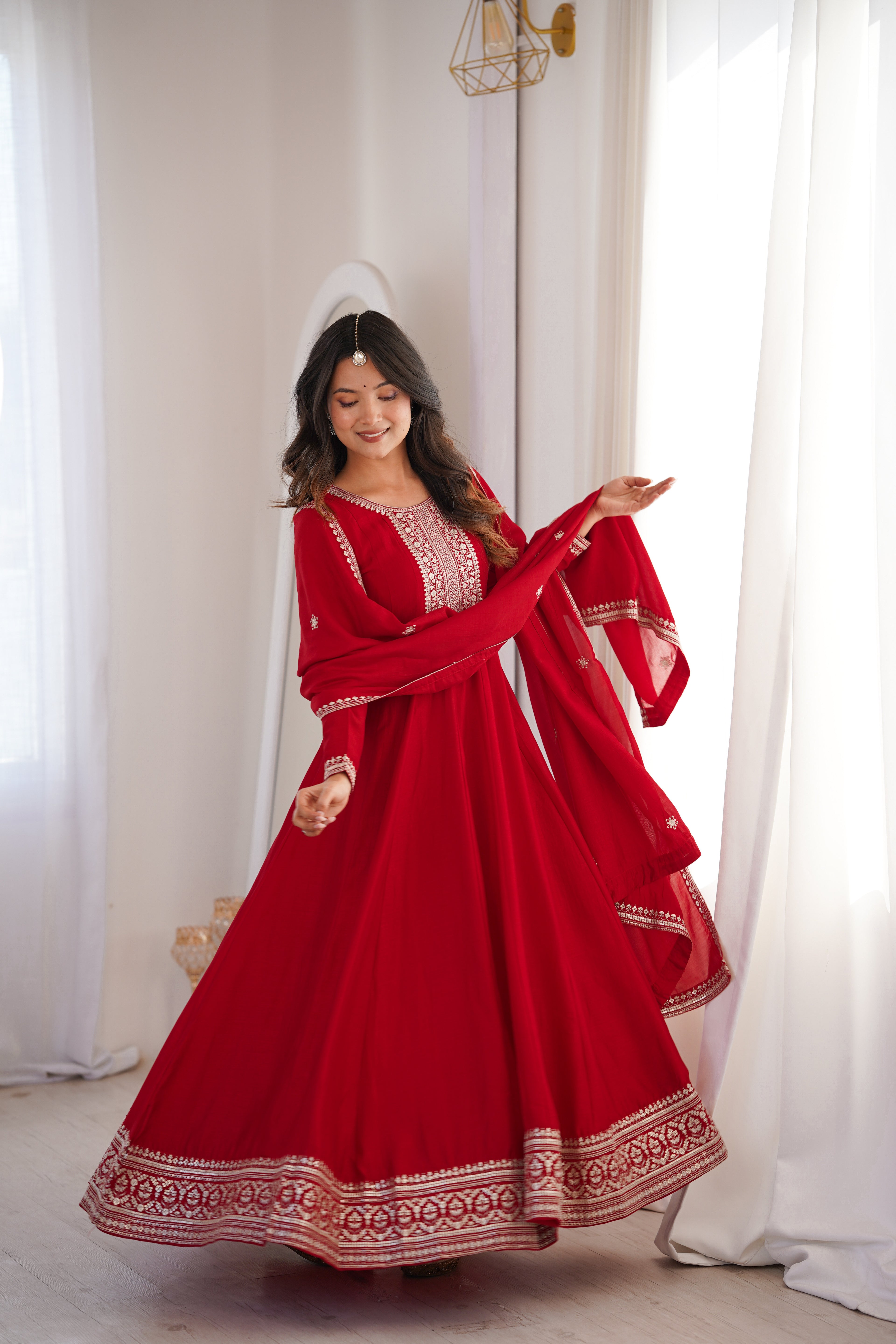 Premium Royal Red Vichitra Silk Anarkali Gown Set with Embroidered Dupatta