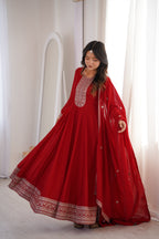 Premium Royal Red Vichitra Silk Anarkali Gown Set with Embroidered Dupatta