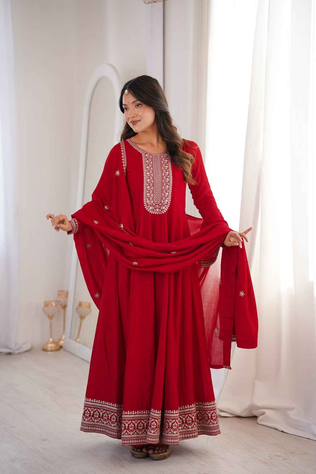 Premium Royal Red Vichitra Silk Anarkali Gown Set with Embroidered Dupatta