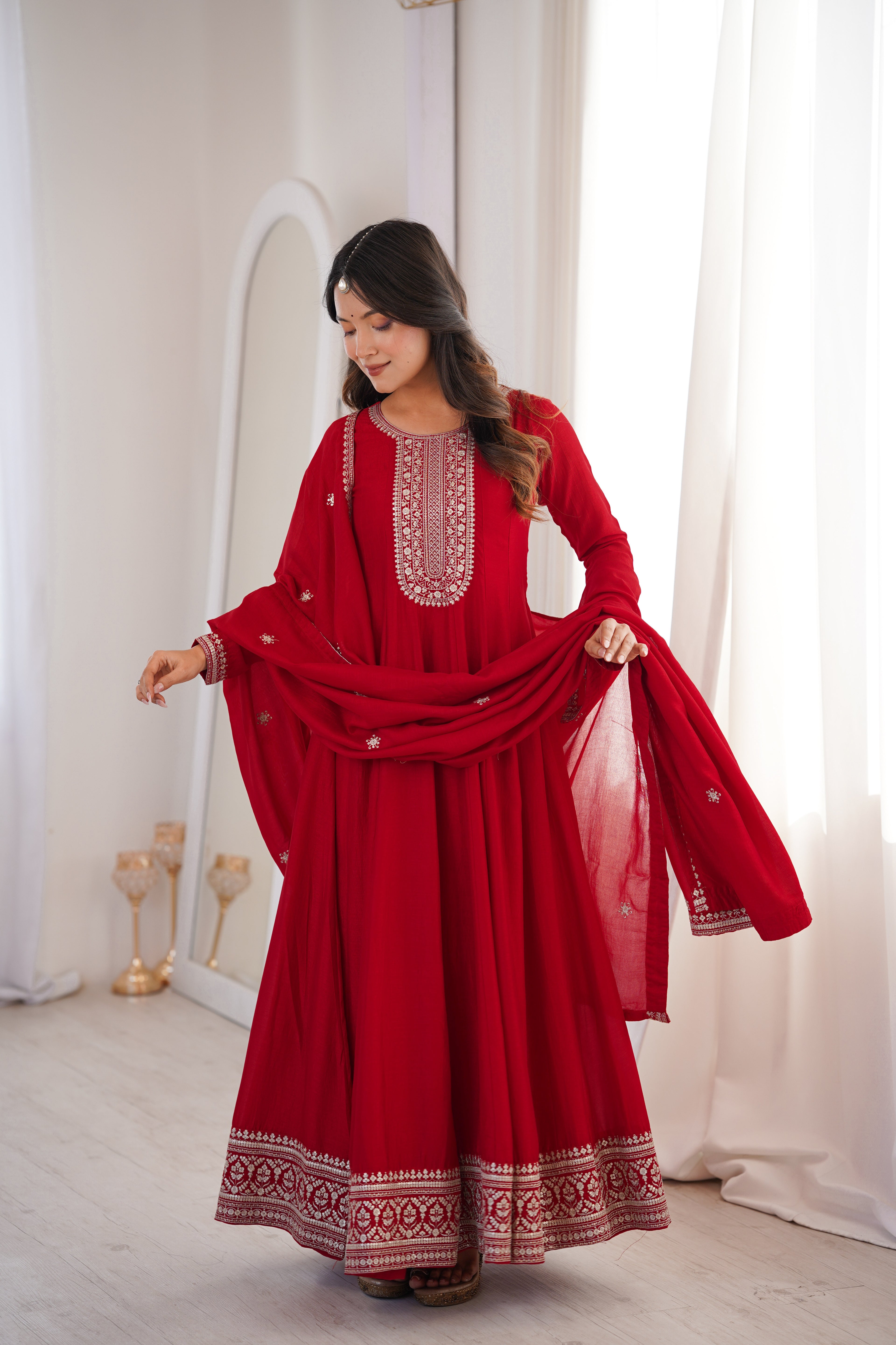Premium Royal Red Vichitra Silk Anarkali Gown Set with Embroidered Dupatta
