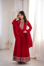 Premium Royal Red Vichitra Silk Anarkali Gown Set with Embroidered Dupatta