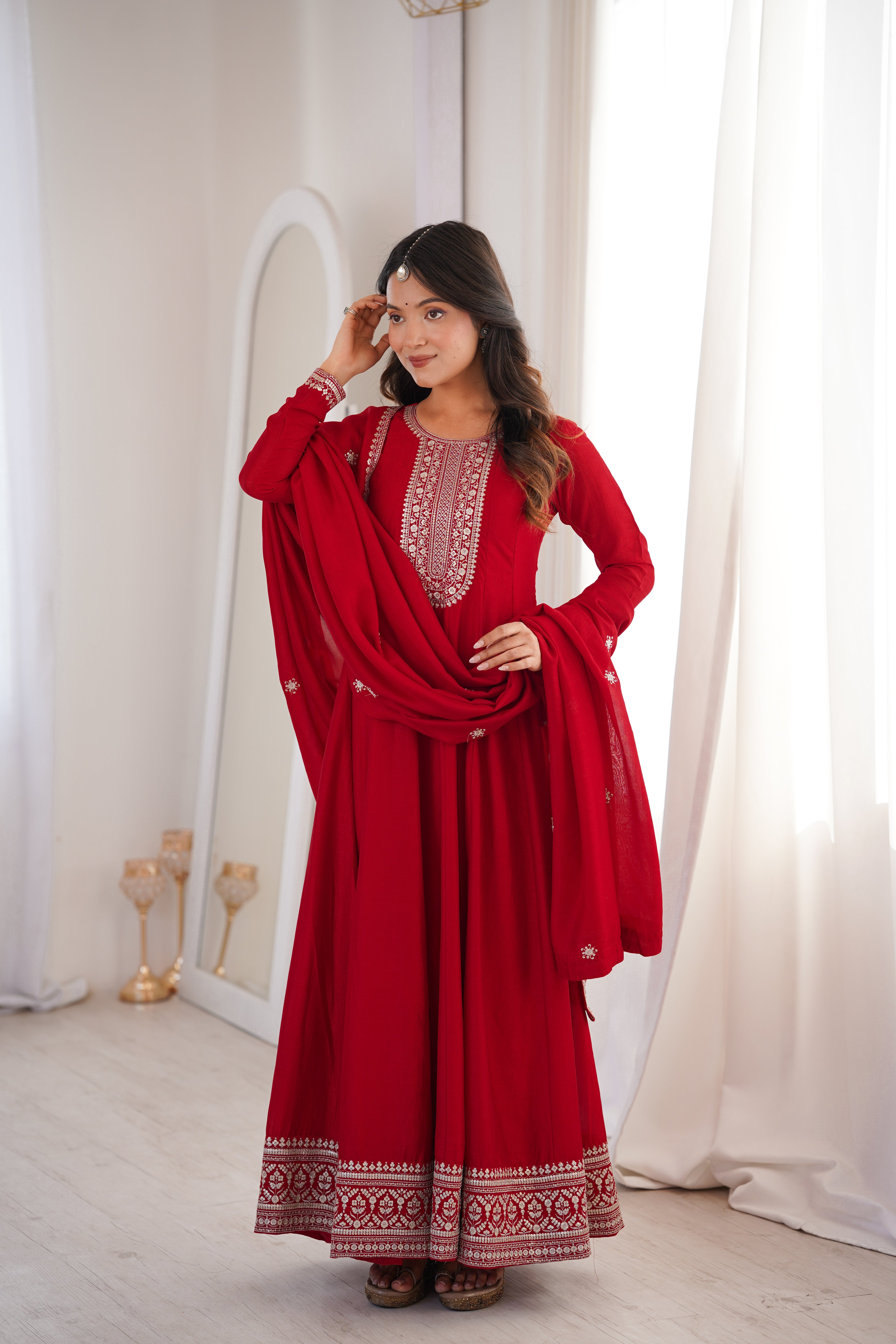Premium Royal Red Vichitra Silk Anarkali Gown Set with Embroidered Dupatta