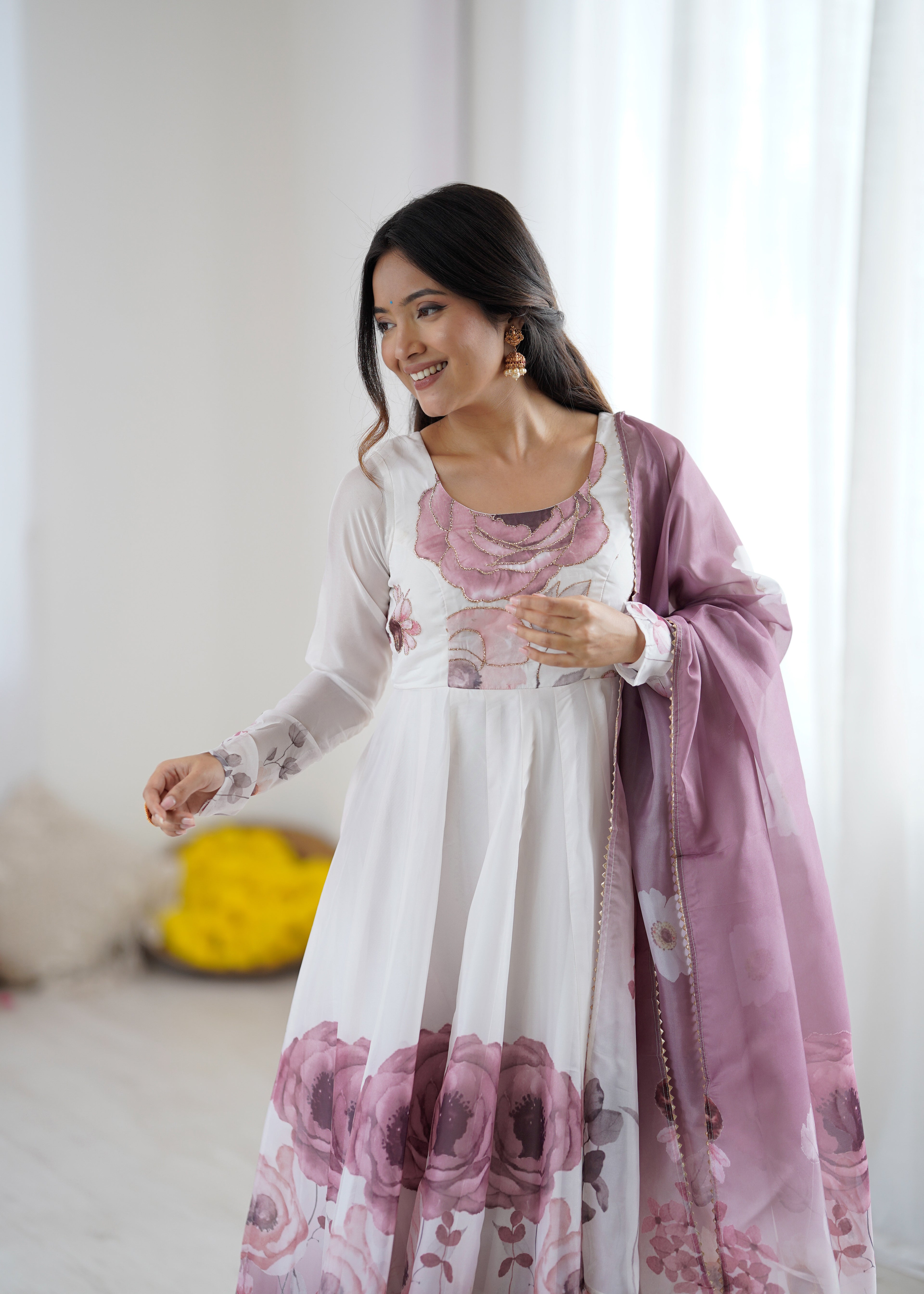 Very Attractive Printed Soft Organza Silk Anarkali Suit Set with Dupatta