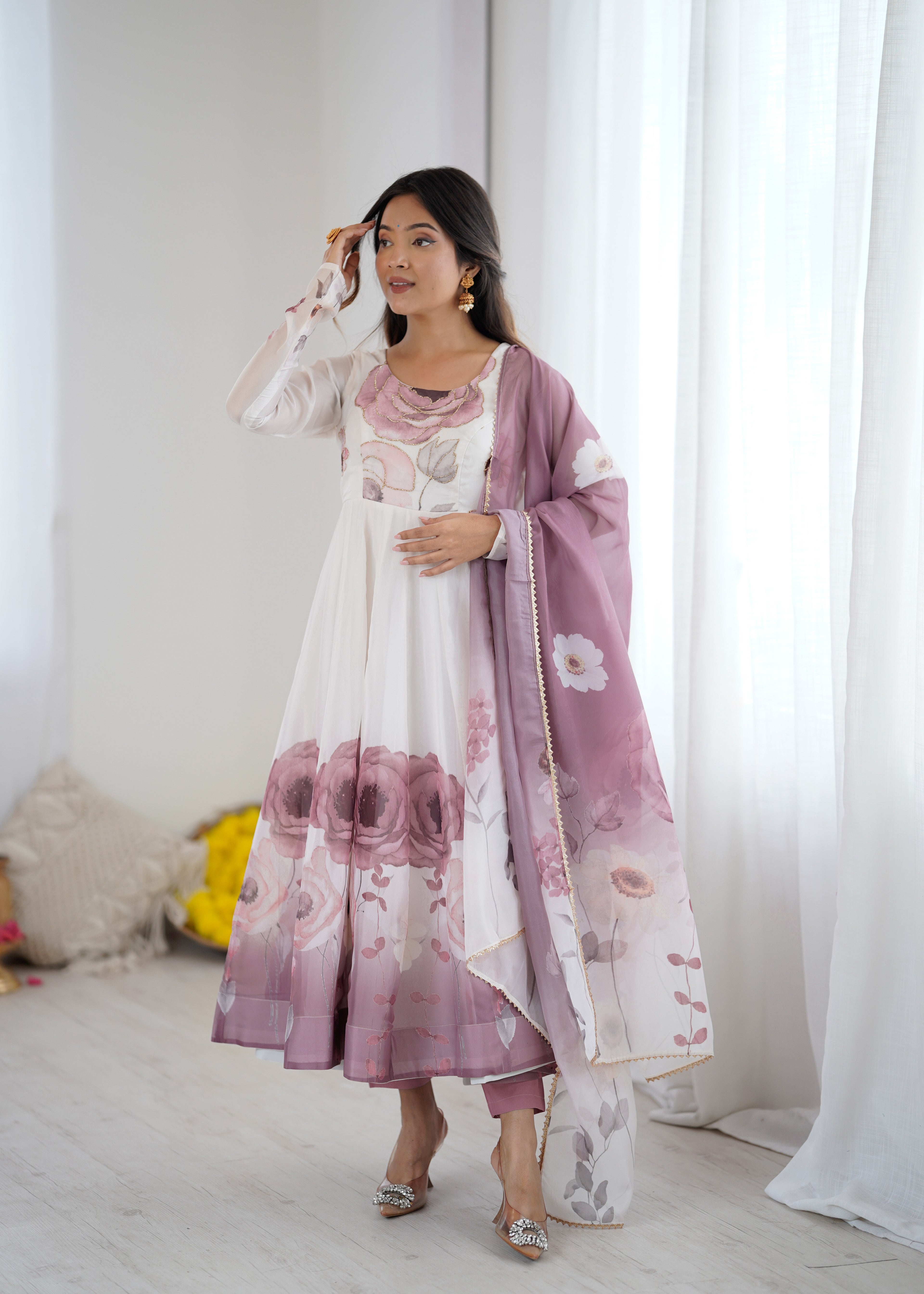 Very Attractive Printed Soft Organza Silk Anarkali Suit Set with Dupatta