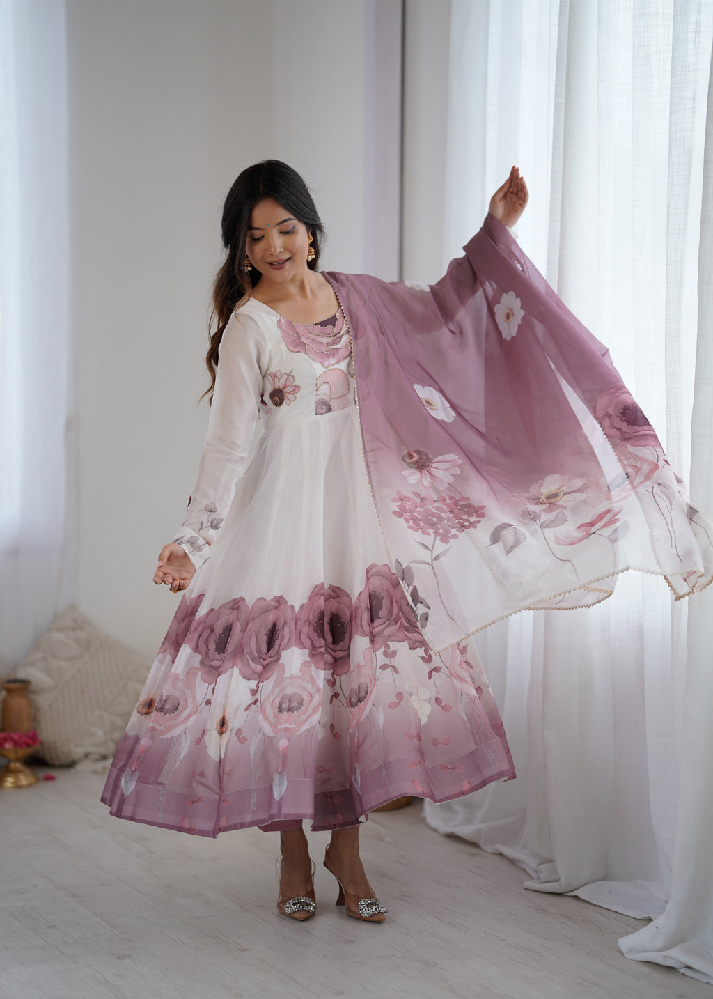 Very Attractive Printed Soft Organza Silk Anarkali Suit Set with Dupatta