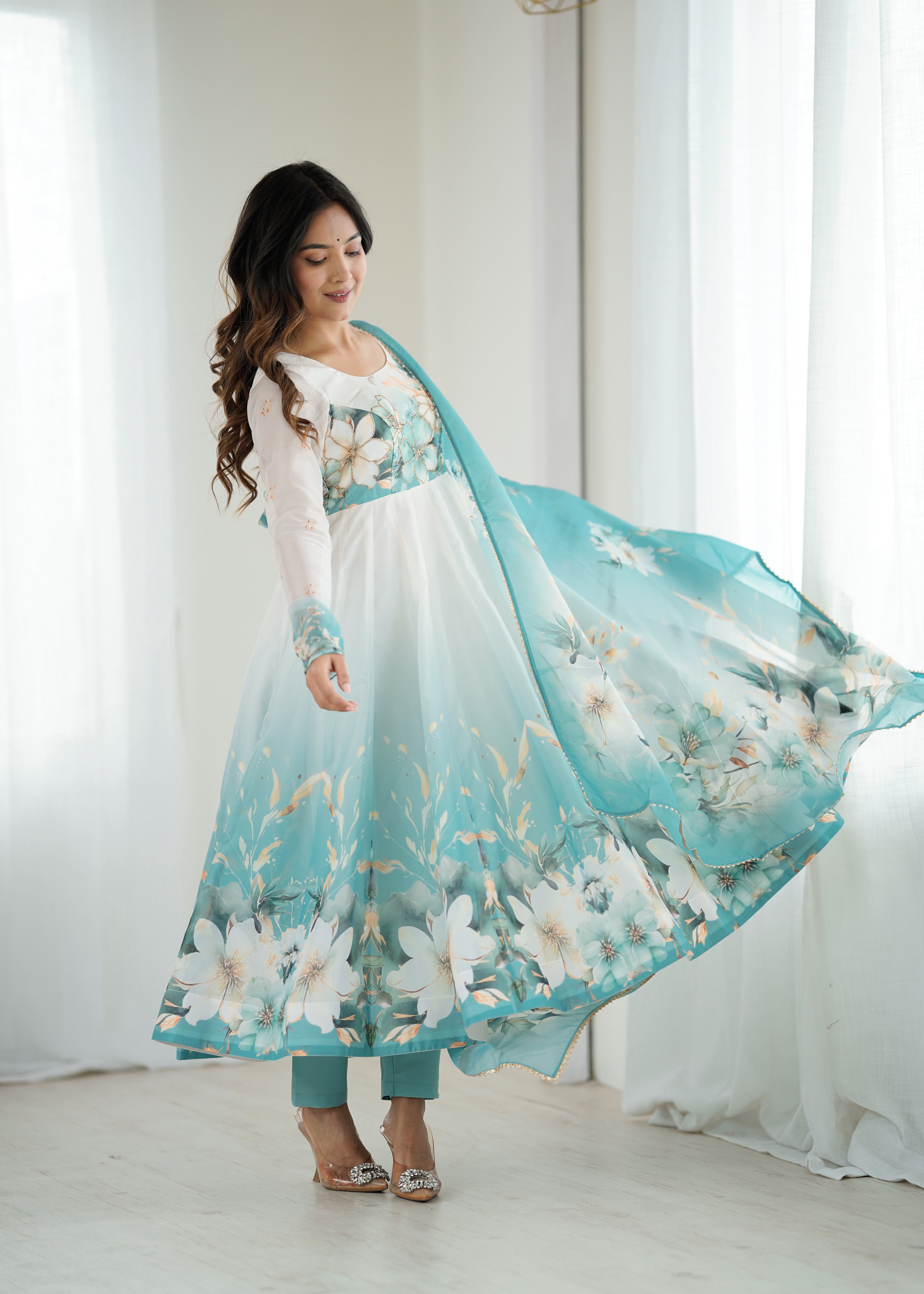 Very Beautiful Printed Soft Organza Silk Anarkali Suit Set with Dupatta