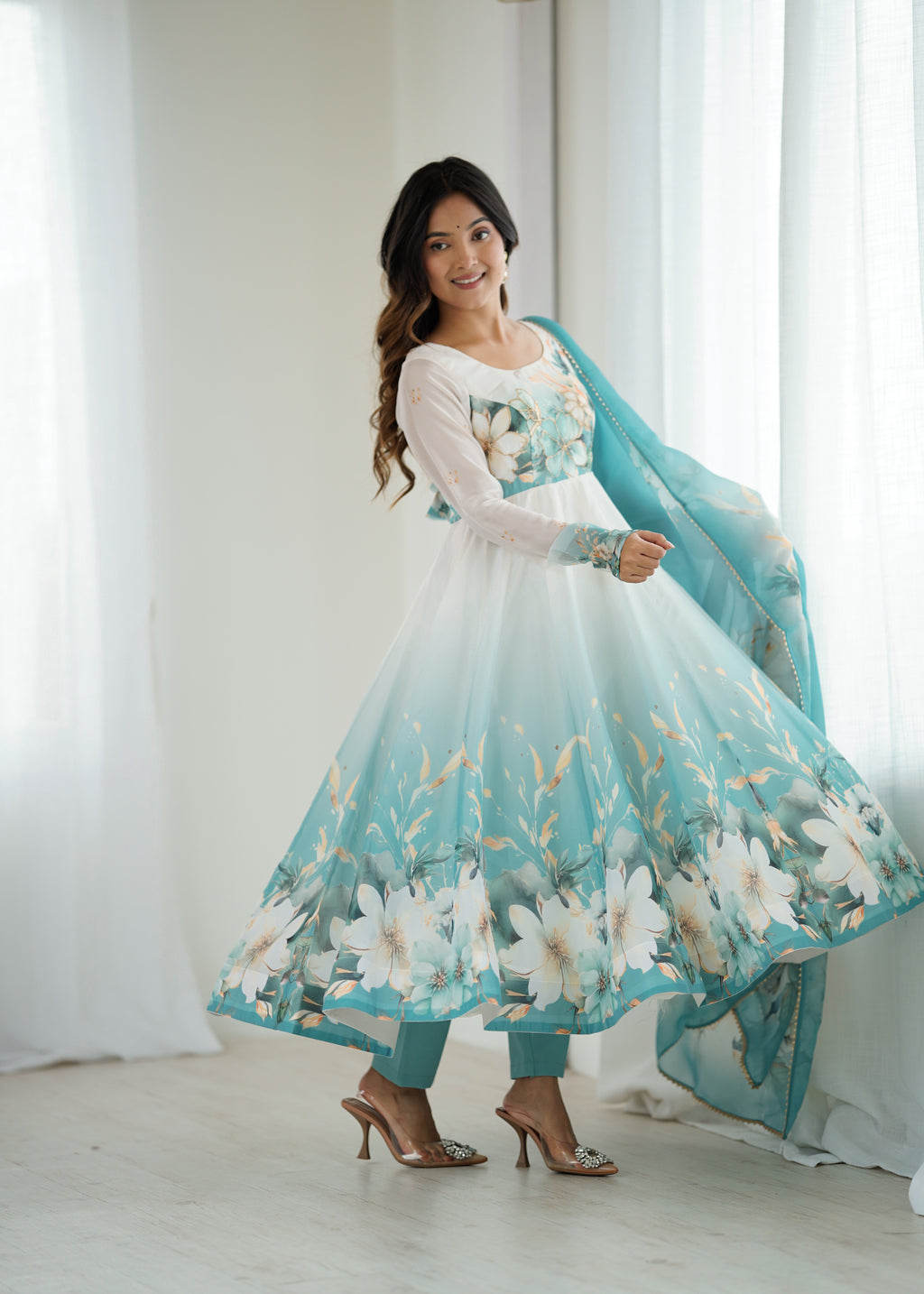 Very Beautiful Printed Soft Organza Silk Anarkali Suit Set with Dupatta
