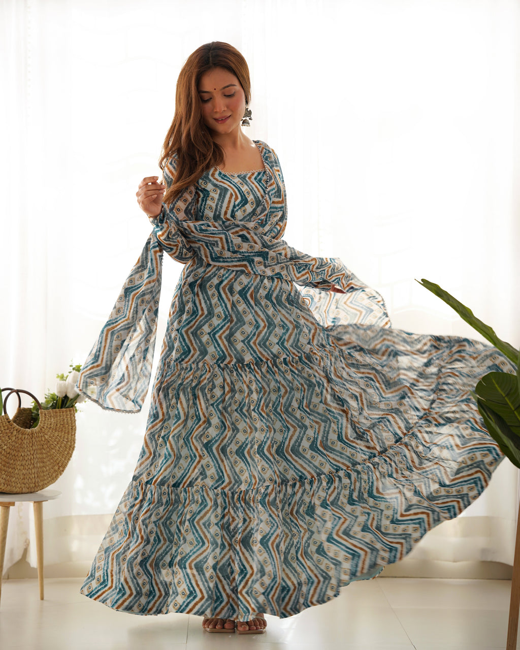 Beautiful Heavy Pure Soft Fox Georgette Zigzag Print Flared Anarkali Gown with Dupatta
