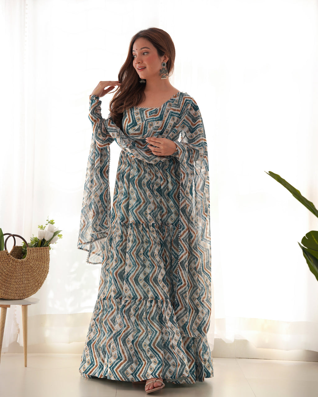Beautiful Heavy Pure Soft Fox Georgette Zigzag Print Flared Anarkali Gown with Dupatta