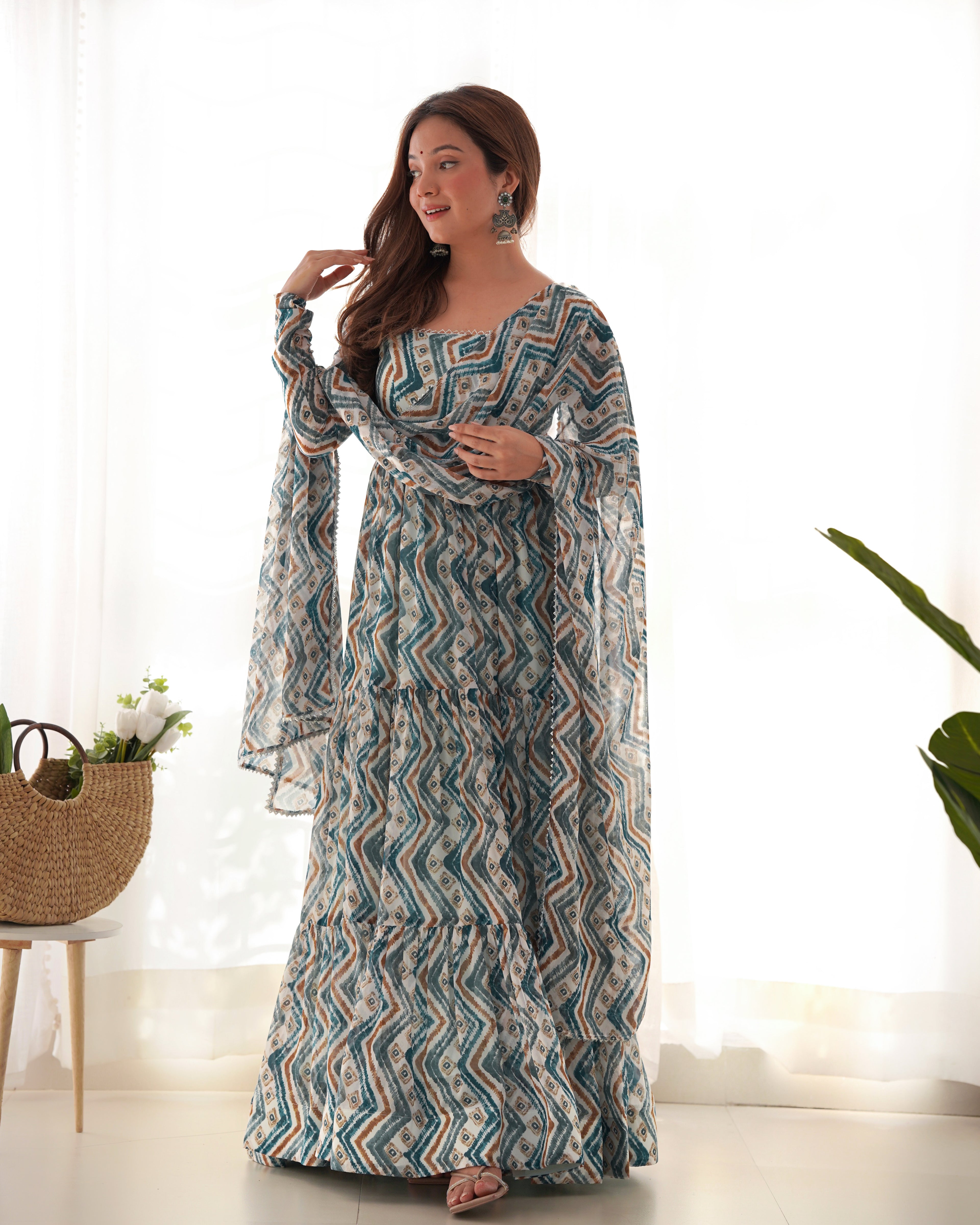Beautiful Heavy Pure Soft Fox Georgette Zigzag Print Flared Anarkali Gown with Dupatta