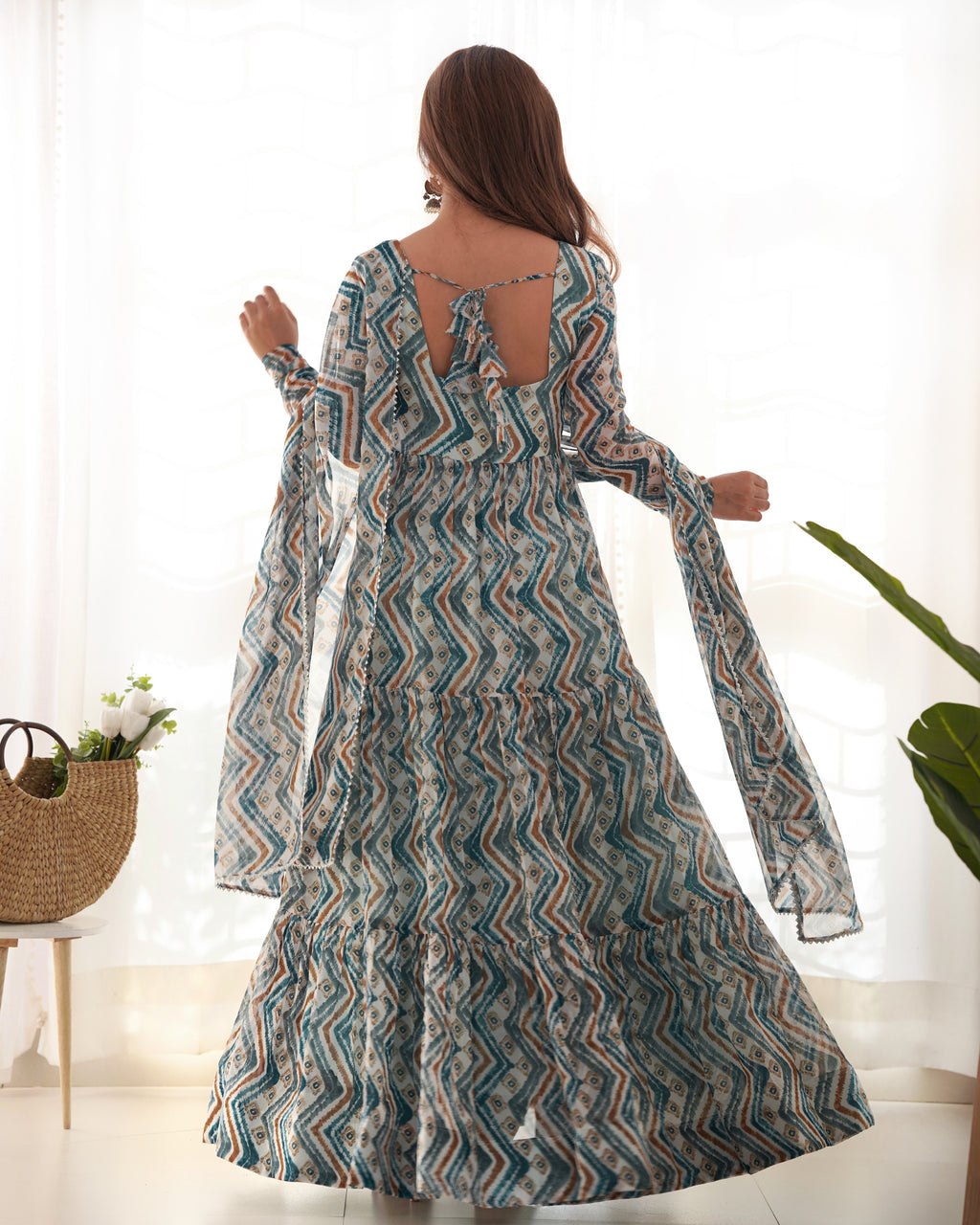 Beautiful Heavy Pure Soft Fox Georgette Zigzag Print Flared Anarkali Gown with Dupatta