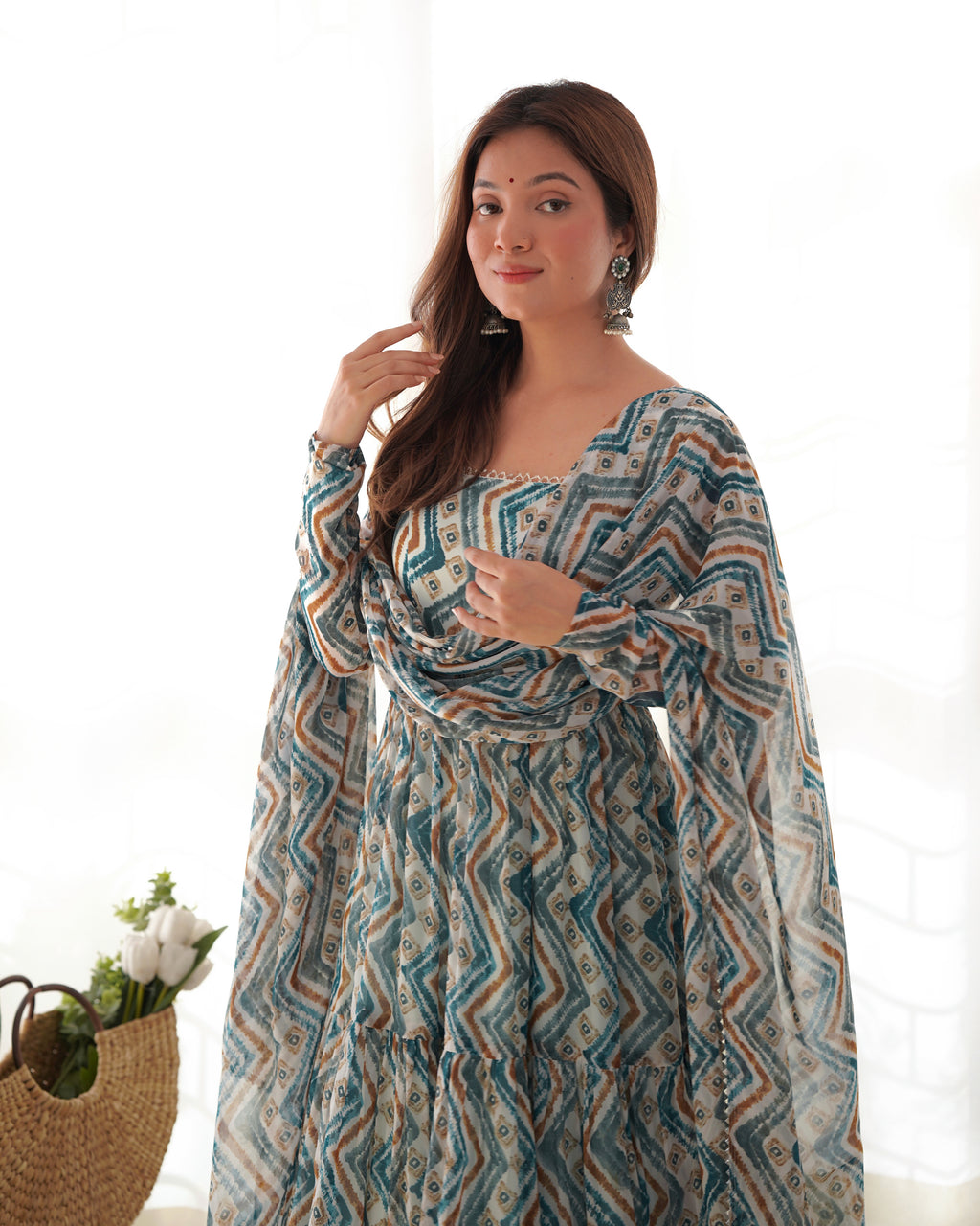 Beautiful Heavy Pure Soft Fox Georgette Zigzag Print Flared Anarkali Gown with Dupatta