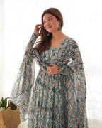 Beautiful Heavy Pure Soft Fox Georgette Zigzag Print Flared Anarkali Gown with Dupatta