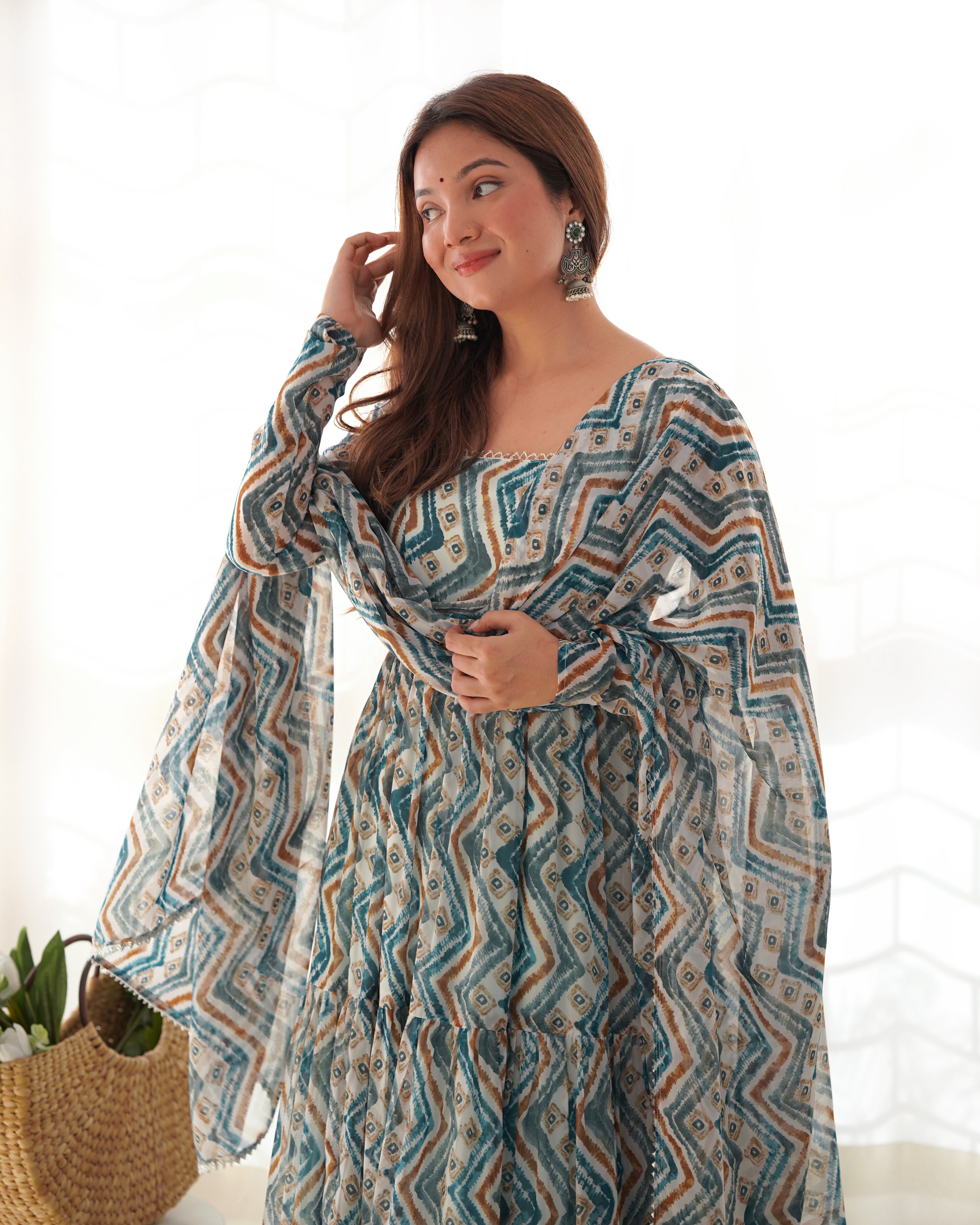 Beautiful Heavy Pure Soft Fox Georgette Zigzag Print Flared Anarkali Gown with Dupatta