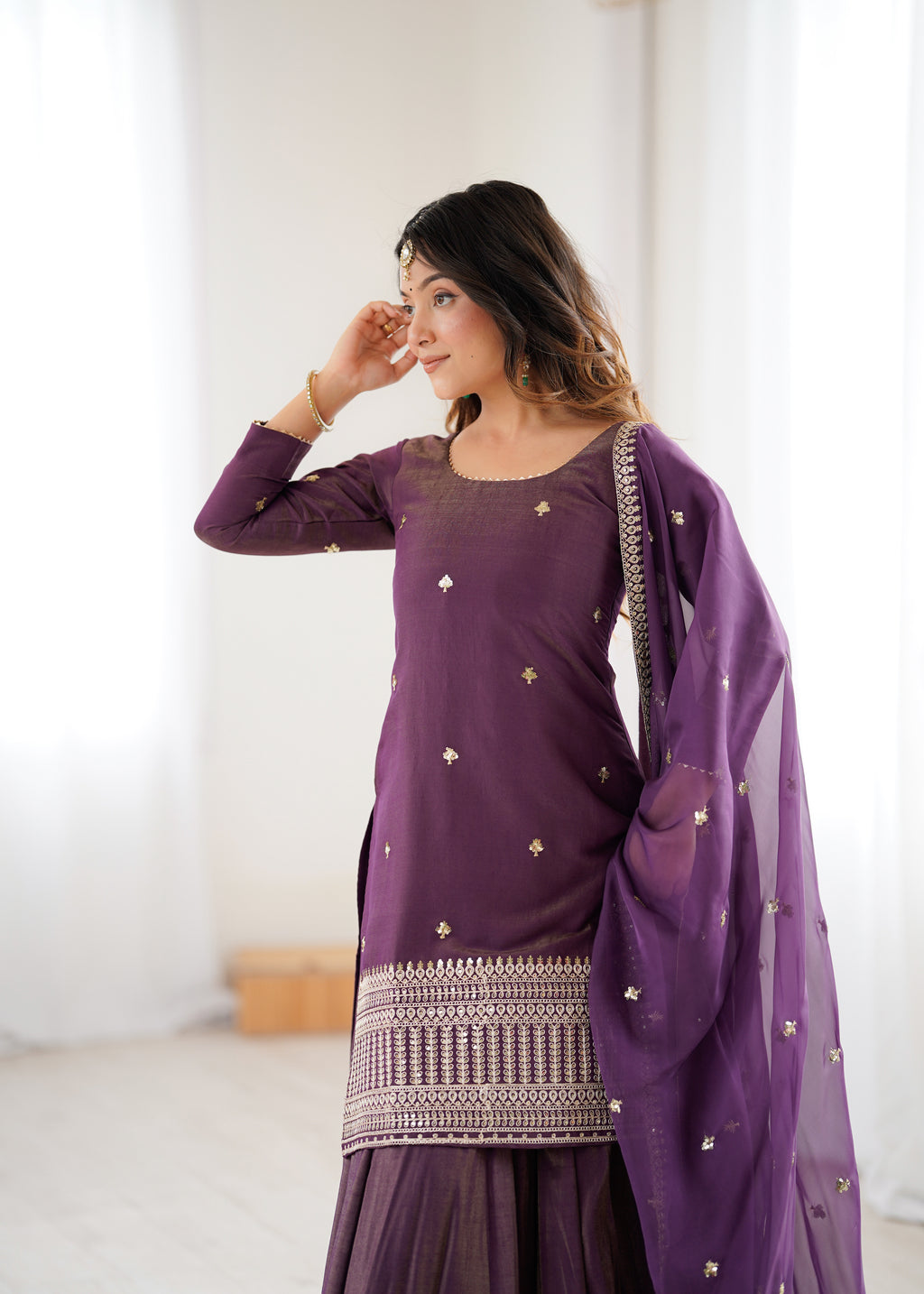 Luxe Silk-Blend Straight Kurta and Dramatic Tiered Sharara