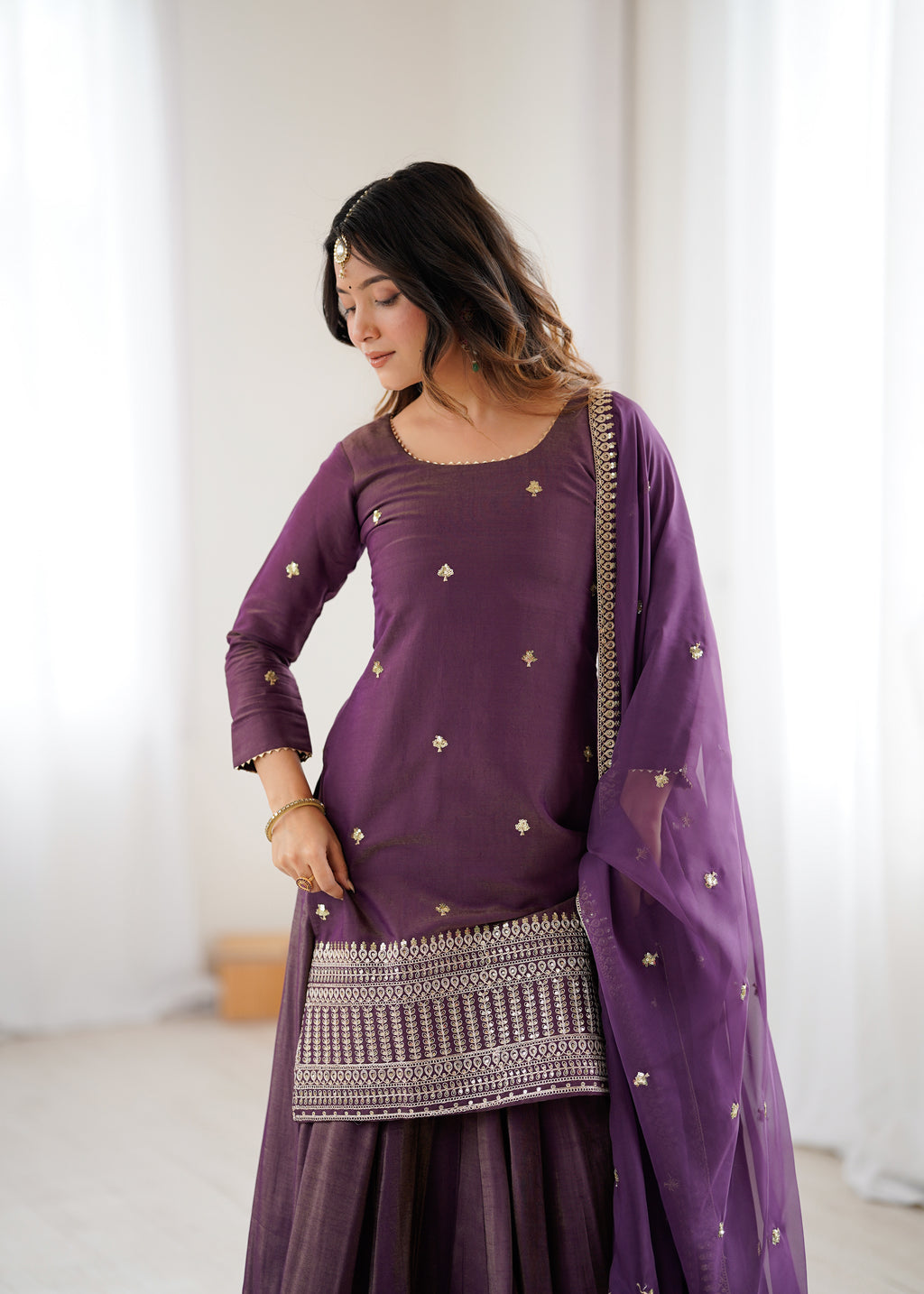 Luxe Silk-Blend Straight Kurta and Dramatic Tiered Sharara