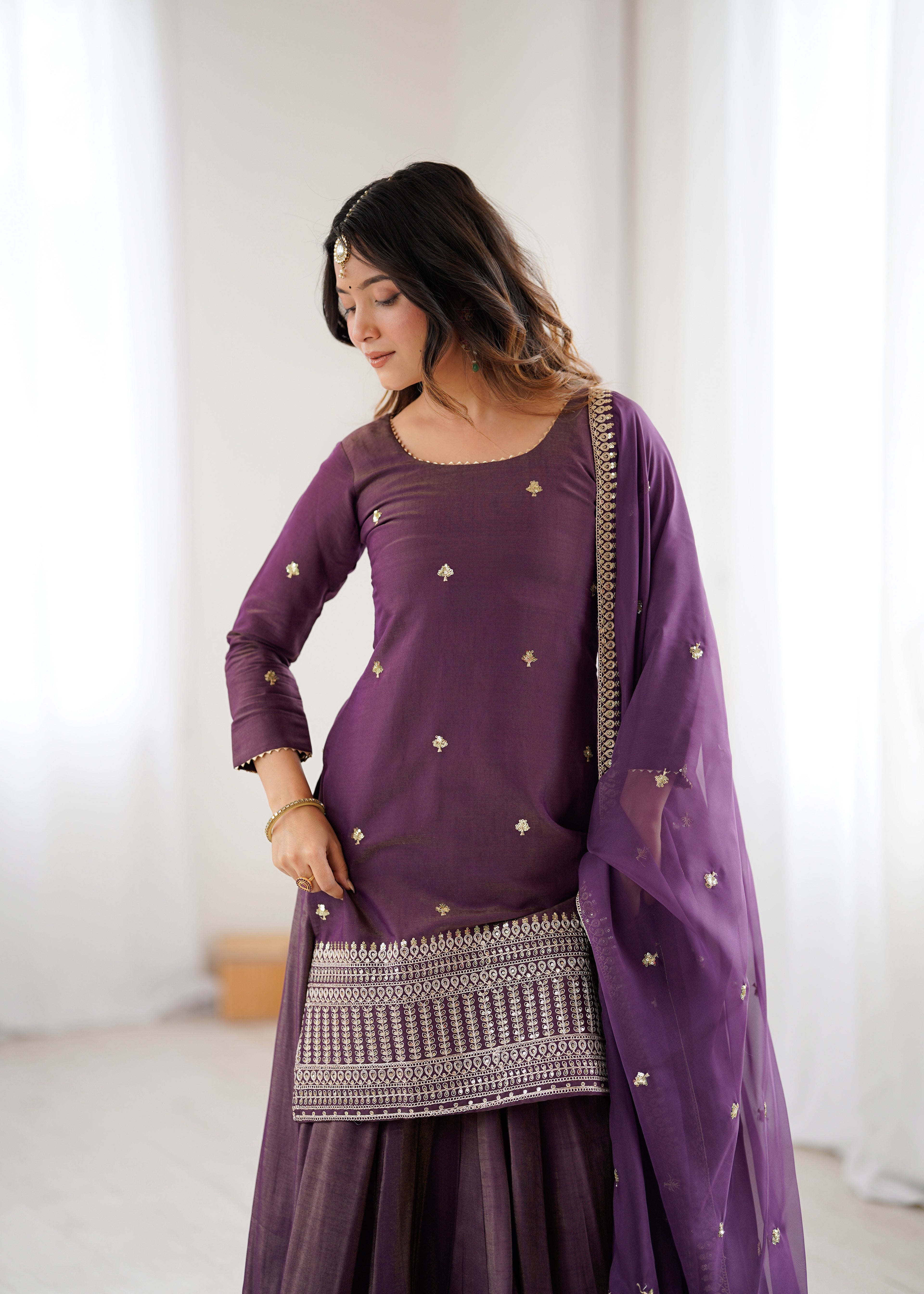 Luxe Silk-Blend Straight Kurta and Dramatic Tiered Sharara