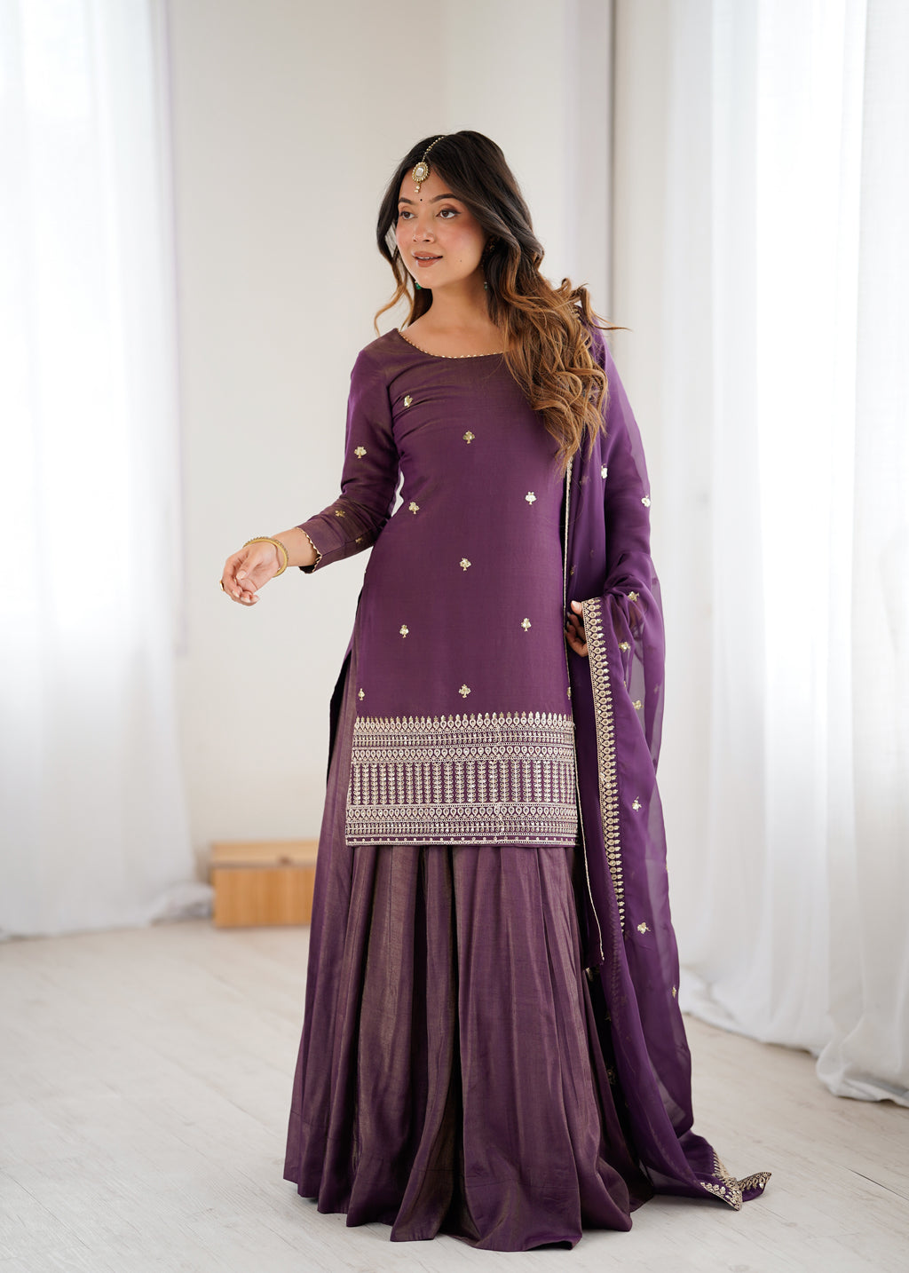 Luxe Silk-Blend Straight Kurta and Dramatic Tiered Sharara