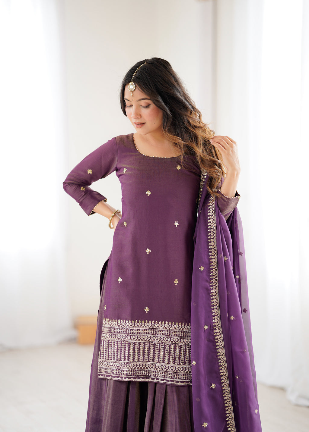 Luxe Silk-Blend Straight Kurta and Dramatic Tiered Sharara