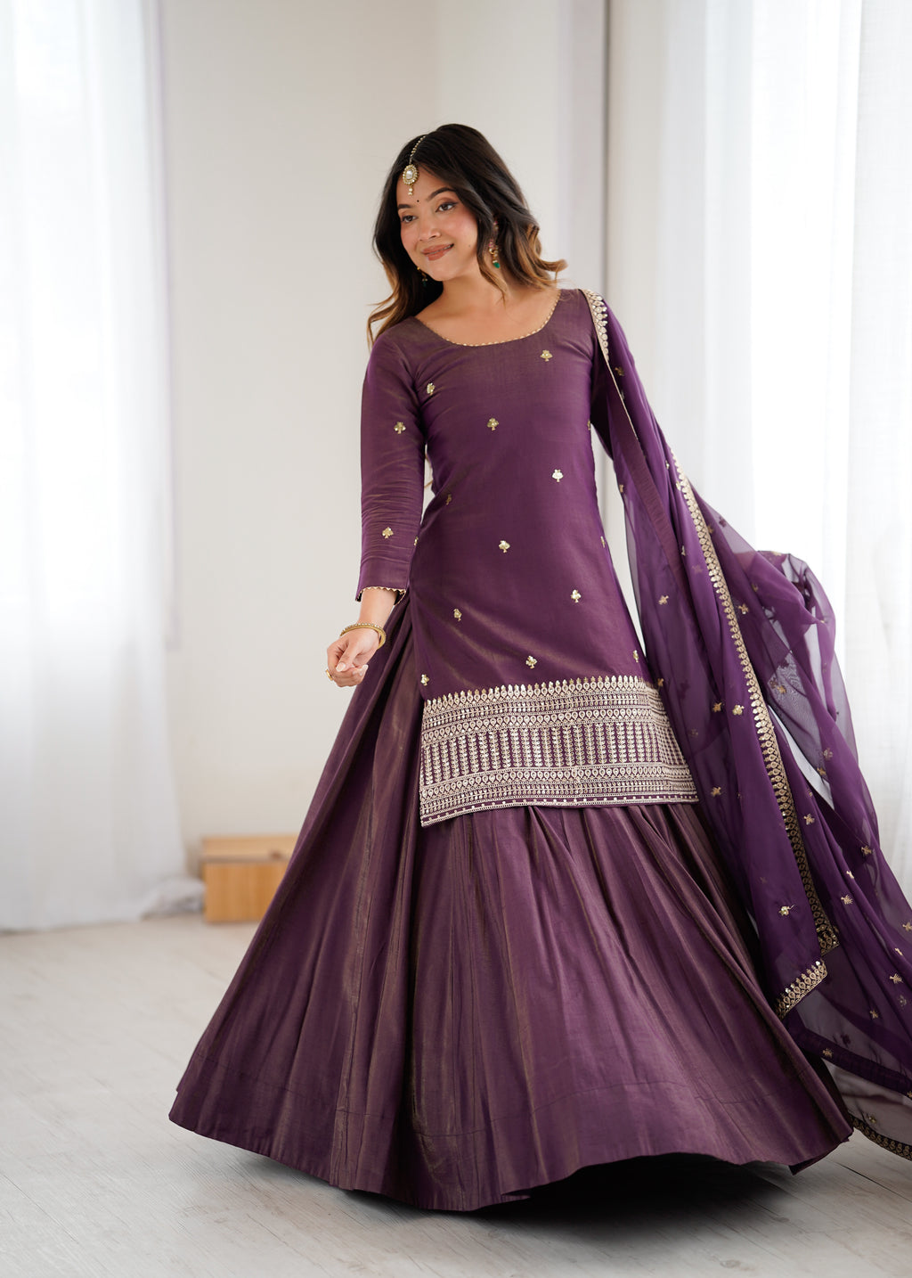 Luxe Silk-Blend Straight Kurta and Dramatic Tiered Sharara